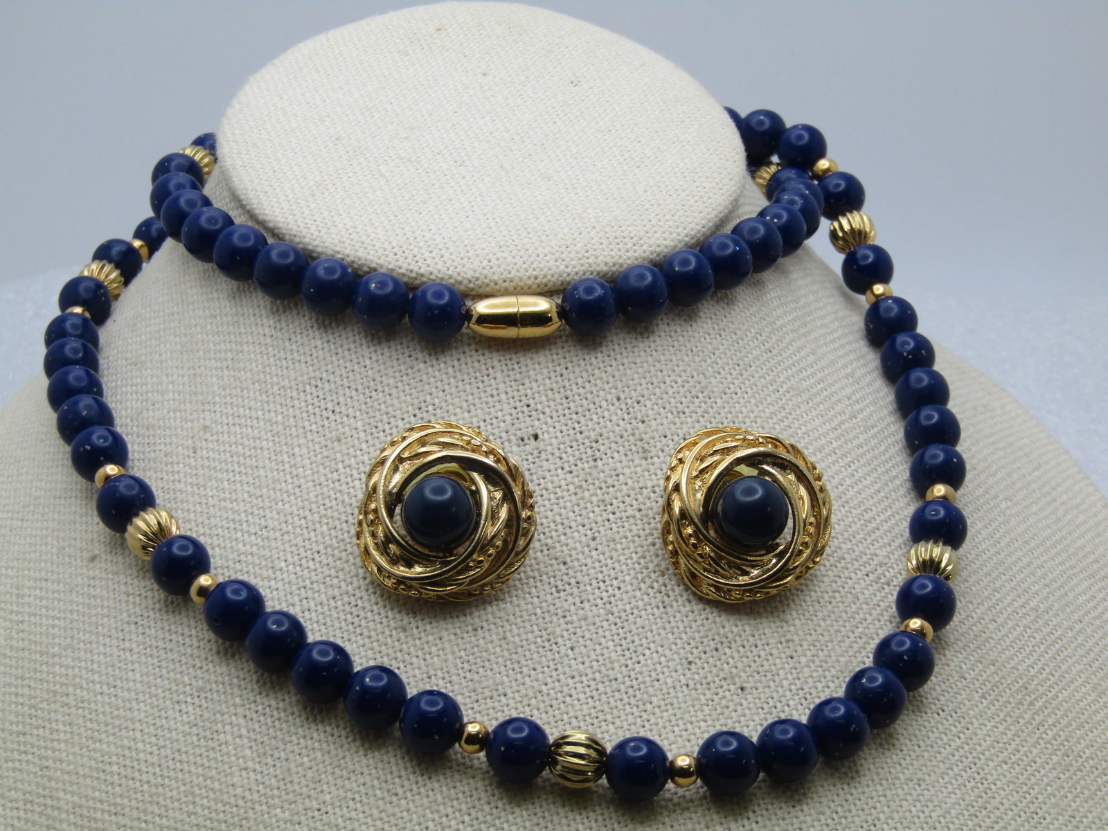 Vintage Navy Blue & Gold Necklace & Earrings, Pierced, 28" - 4