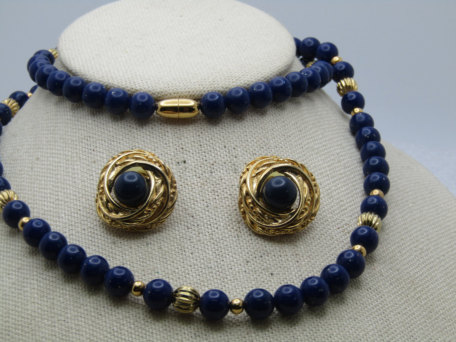Vintage Navy Blue & Gold Necklace & Earrings, Pierced, 28" - 5