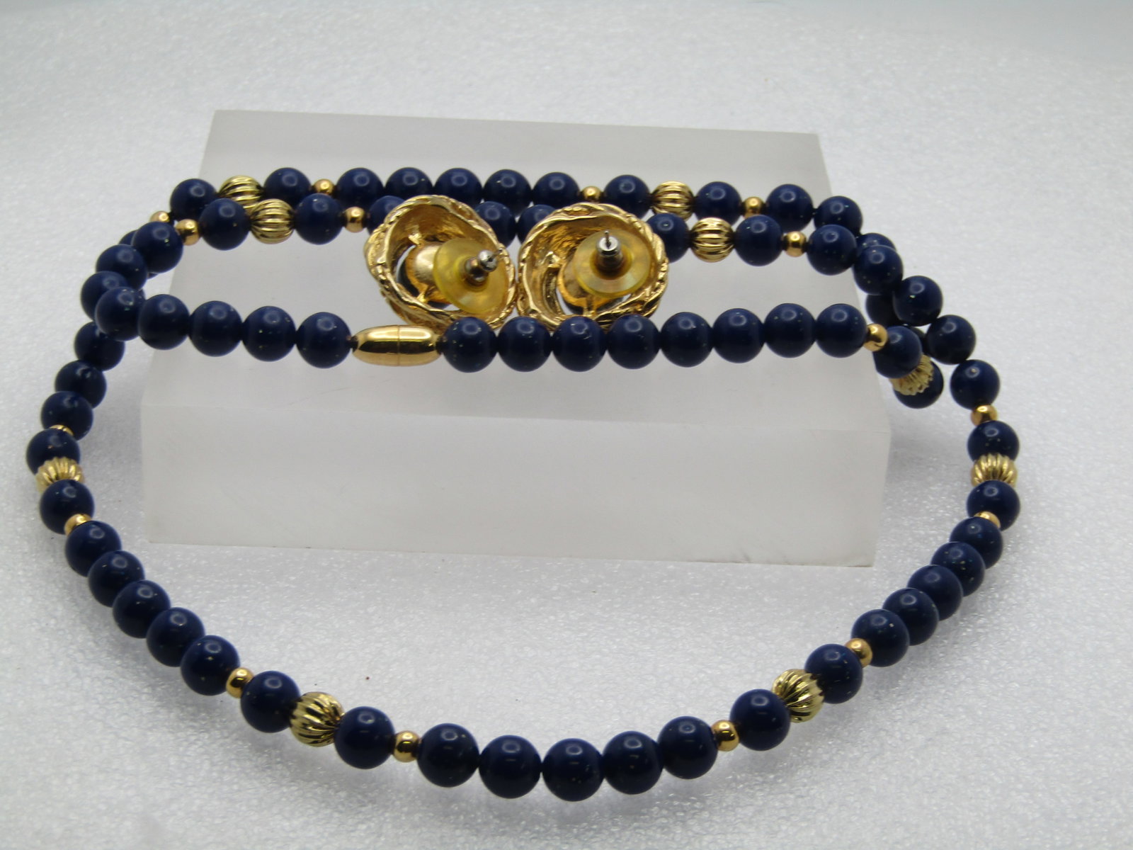 Vintage Navy Blue & Gold Necklace & Earrings, Pierced, 28" - 6