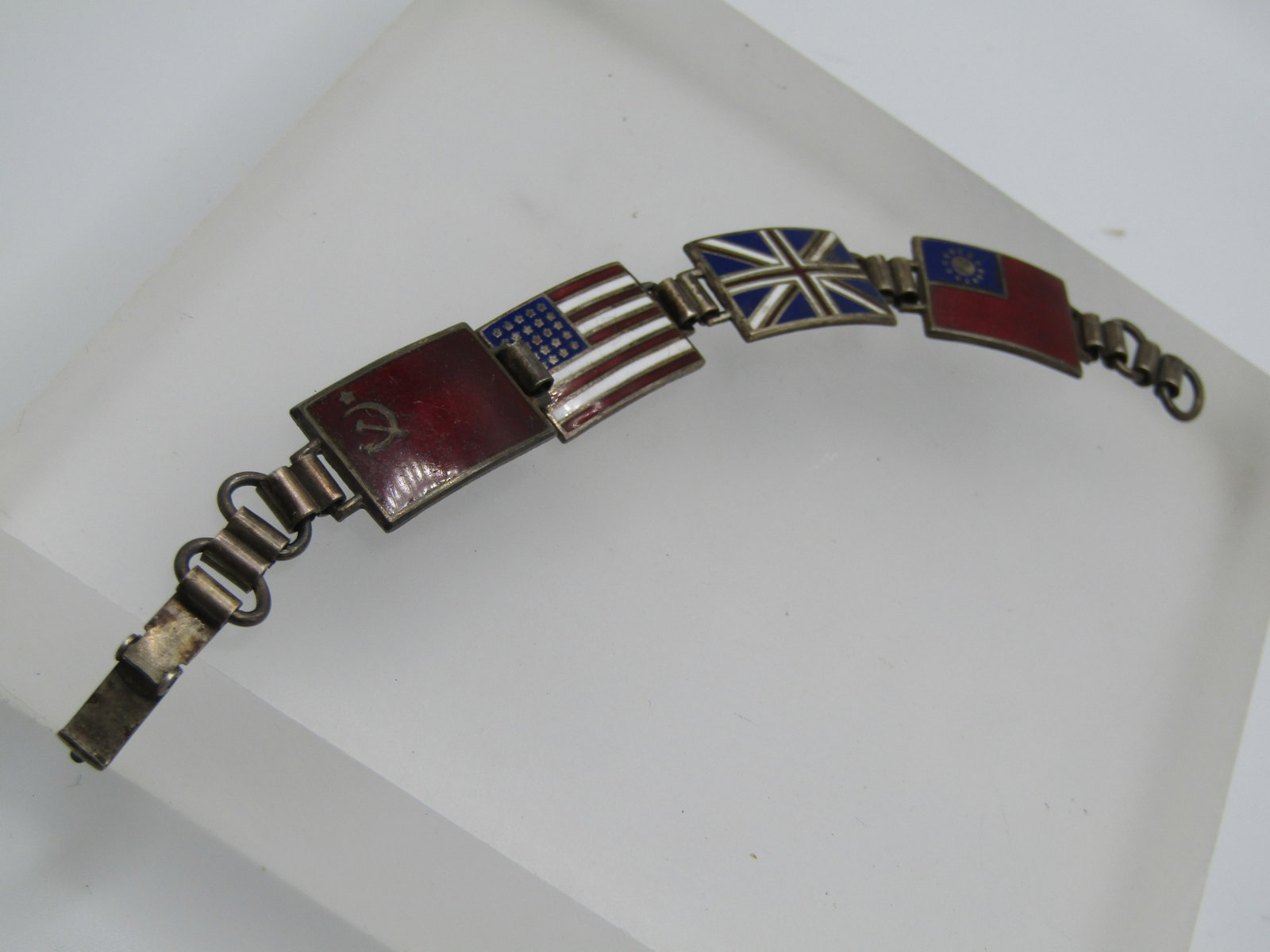 Vintage Sterling WWII Four Flag Bracelet, 5.5", Enameled. - 2