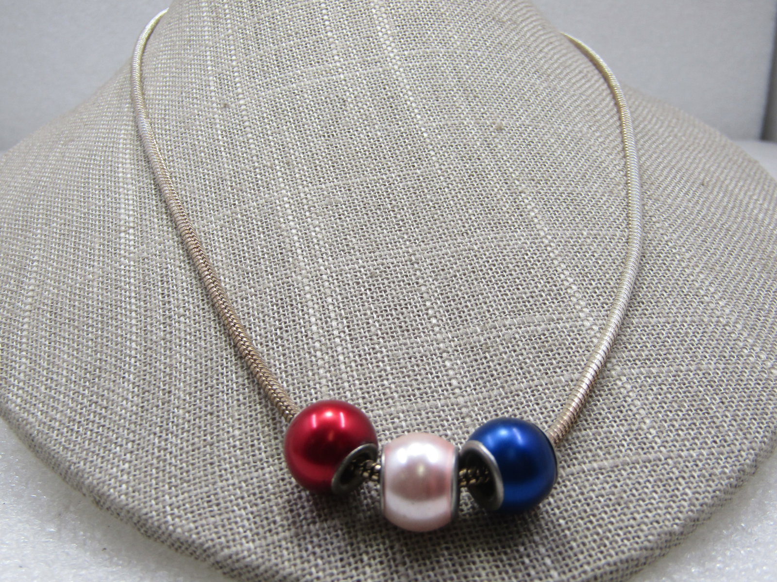 Red, White, & Blue Pearly Slide Bead Serpentine Necklace, 20" - 3