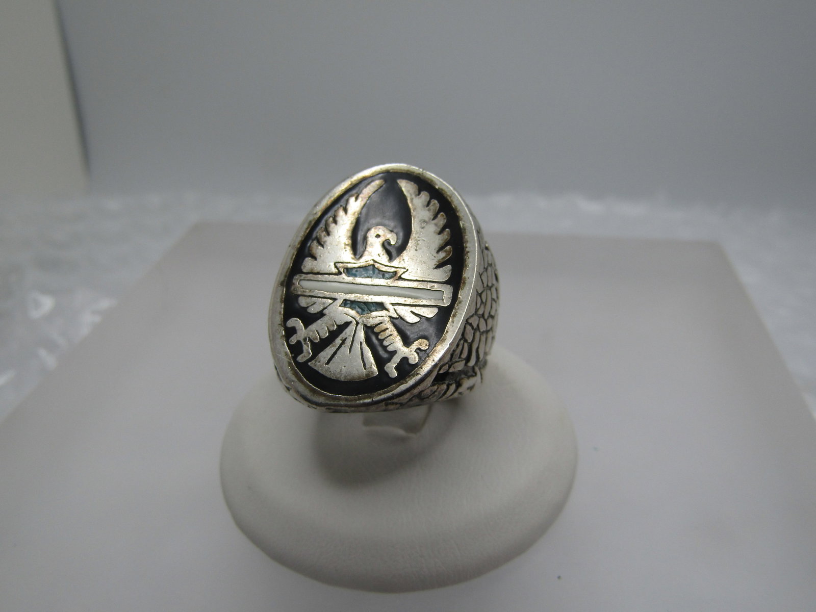 Silver Plated Eagle Biker Ring, Inlaid Turquoise Chips, Sz. 7 - 3