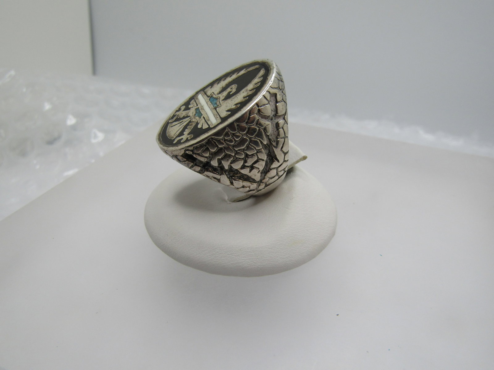 Silver Plated Eagle Biker Ring, Inlaid Turquoise Chips, Sz. 7 - 4