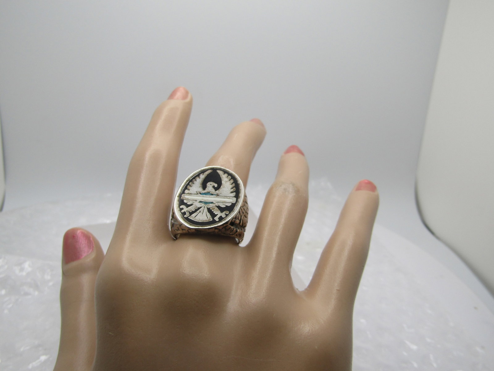 Silver Plated Eagle Biker Ring, Inlaid Turquoise Chips, Sz. 7 - 7