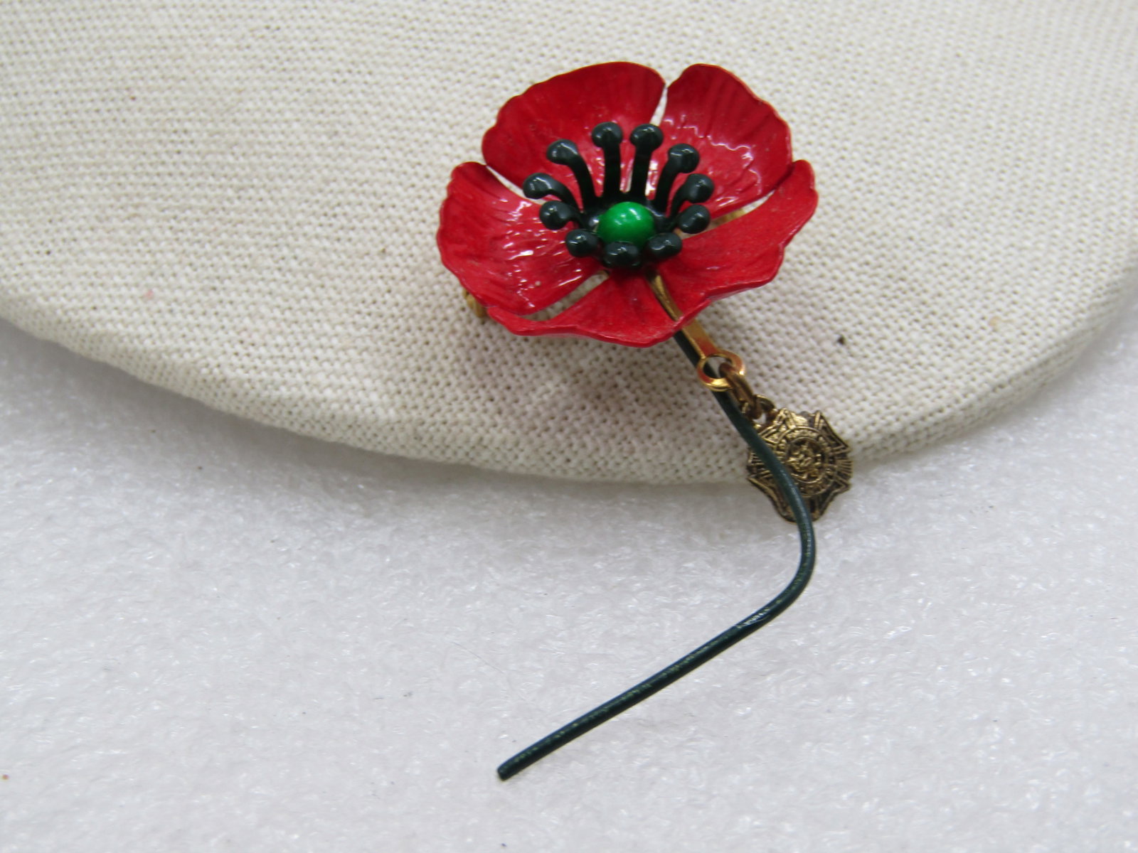 Vintage Red Enameled Veteran's Poppy Brooch & Charm 3" - 2