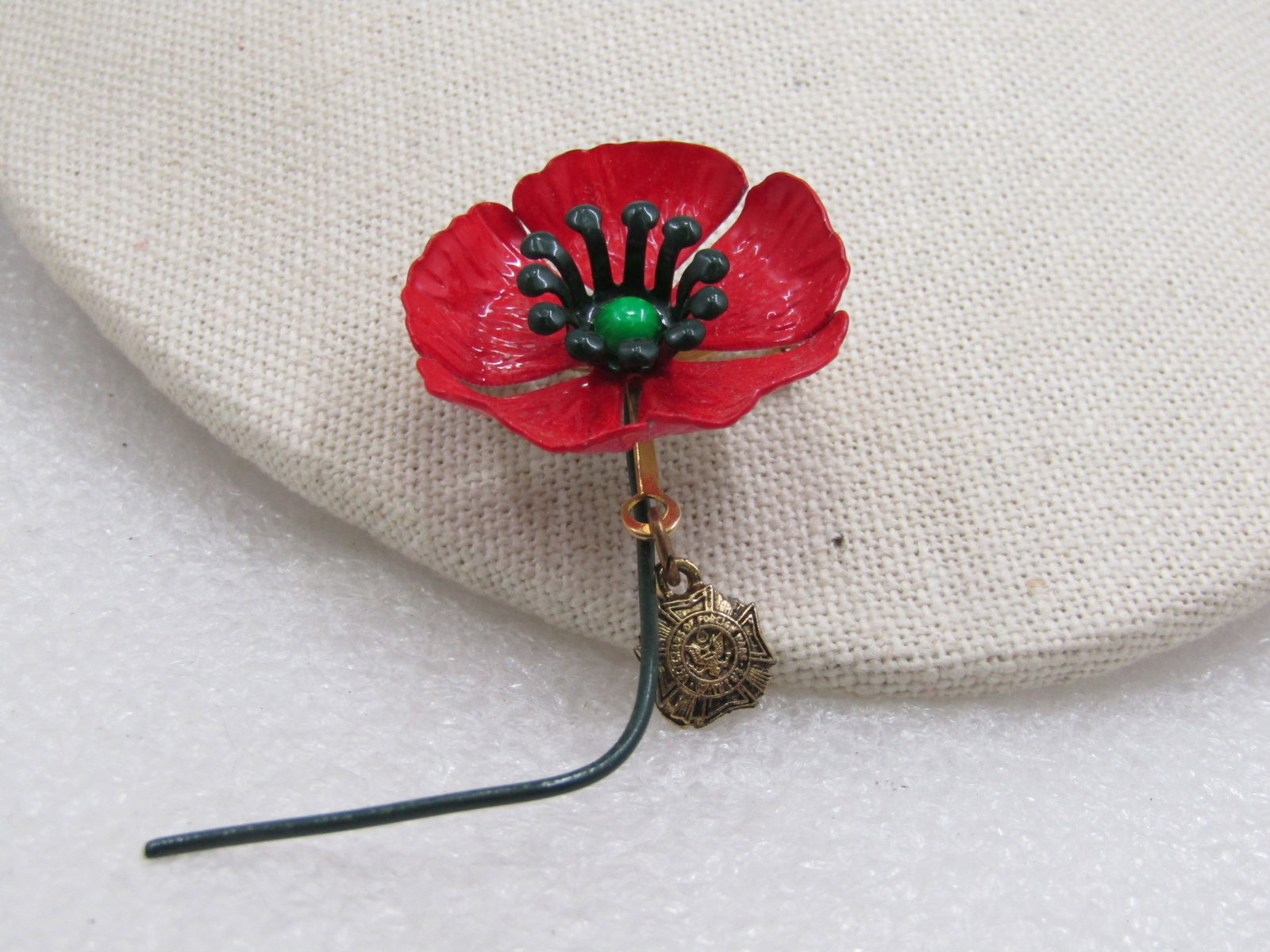 Vintage Red Enameled Veteran's Poppy Brooch & Charm 3" - 3