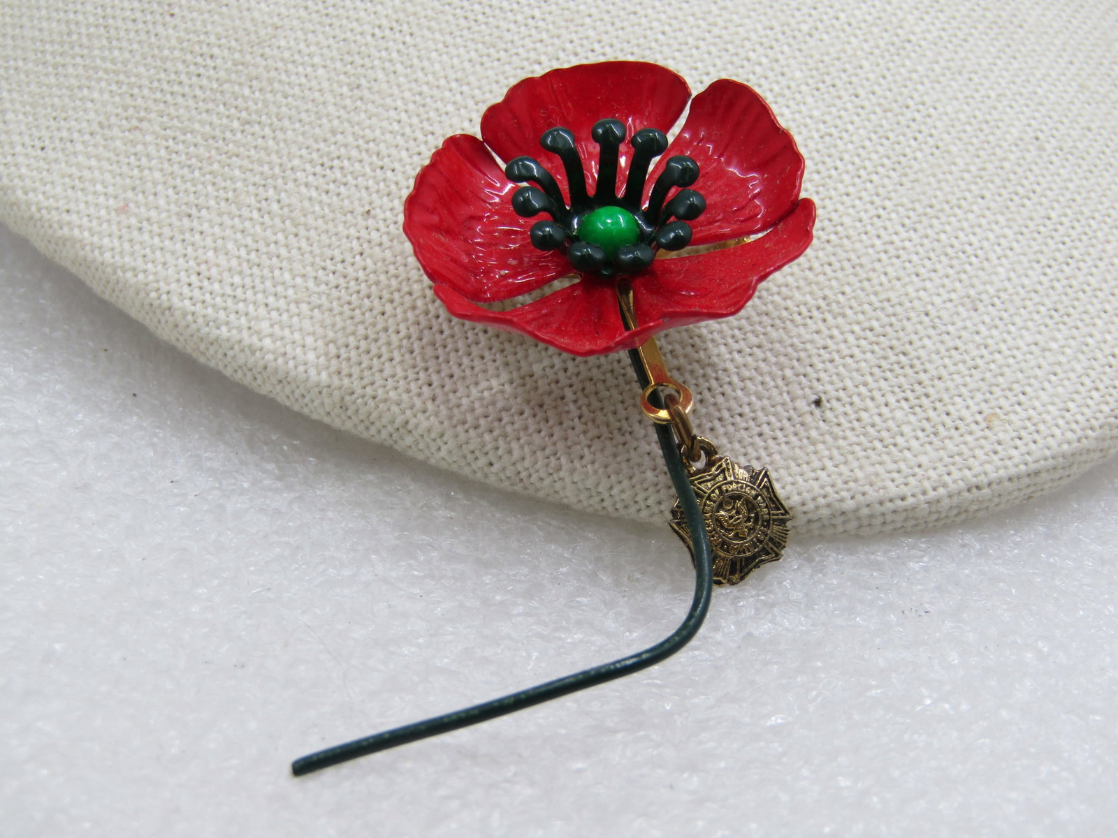 Vintage Red Enameled Veteran's Poppy Brooch & Charm 3" - 4