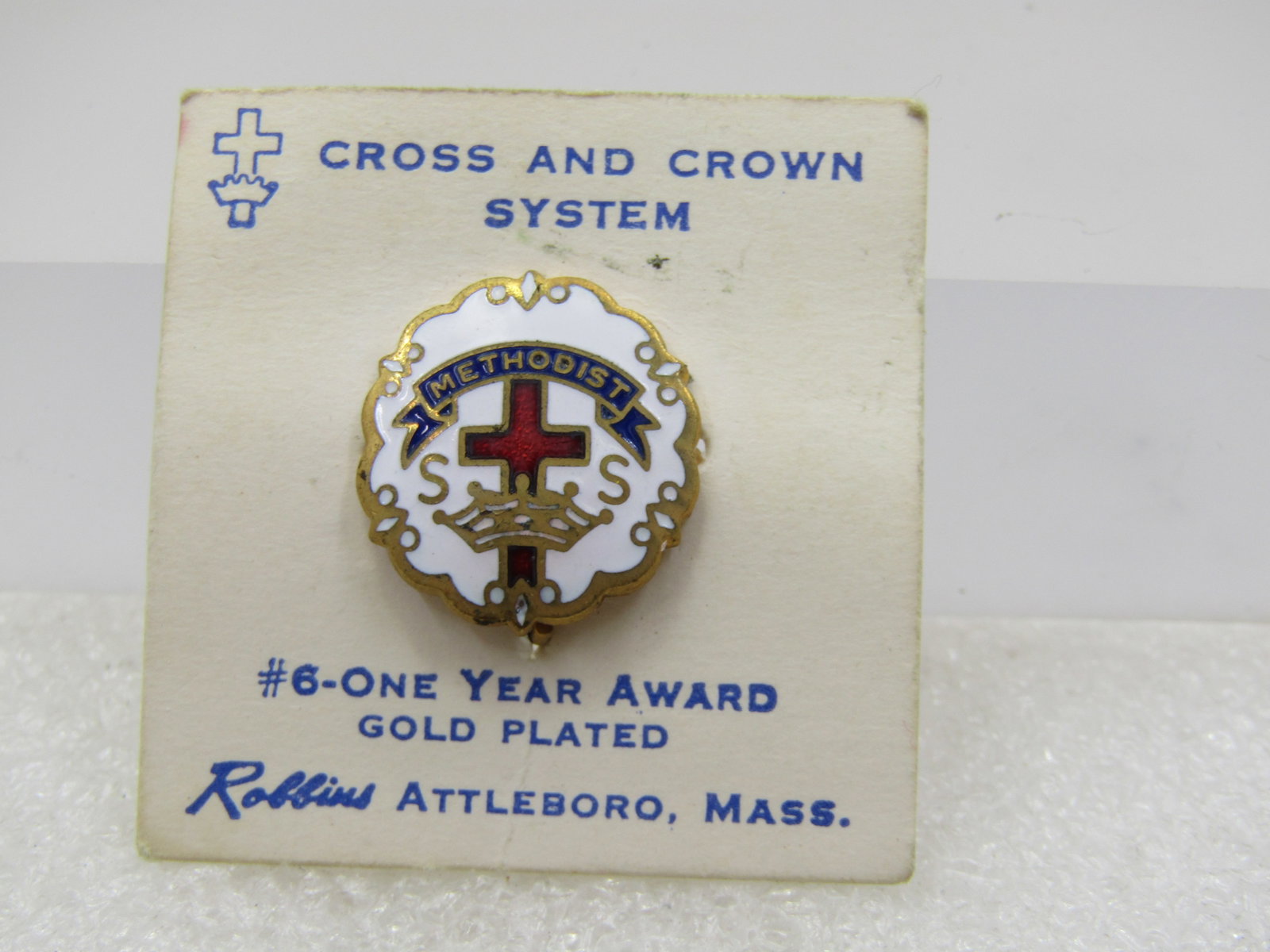 Vintage Cross & Crown Enameled 1 Year Methodist Award Brooch, On Card, Mid-Century - 2