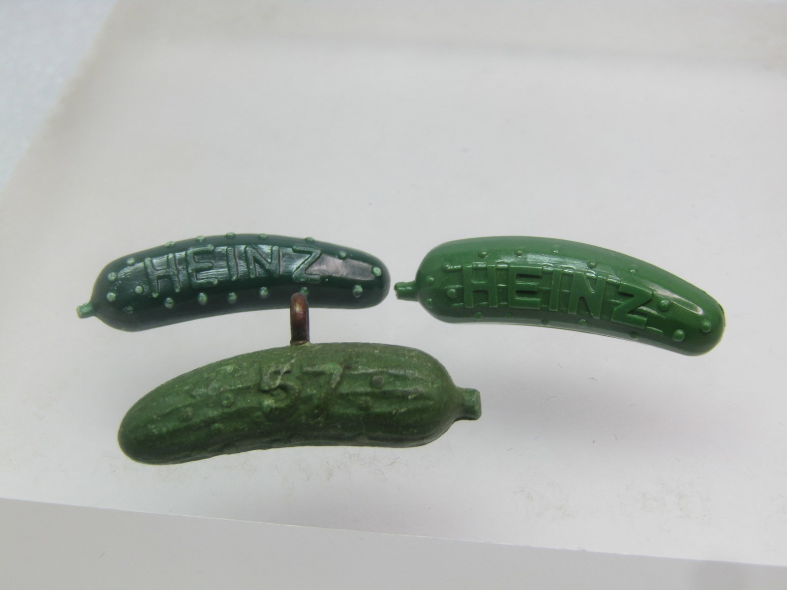 Vintage Gutta-Percha Heintz Pickle Charm & Two Pickle Brooches, 1800's-1910, and Mid-Century - 3