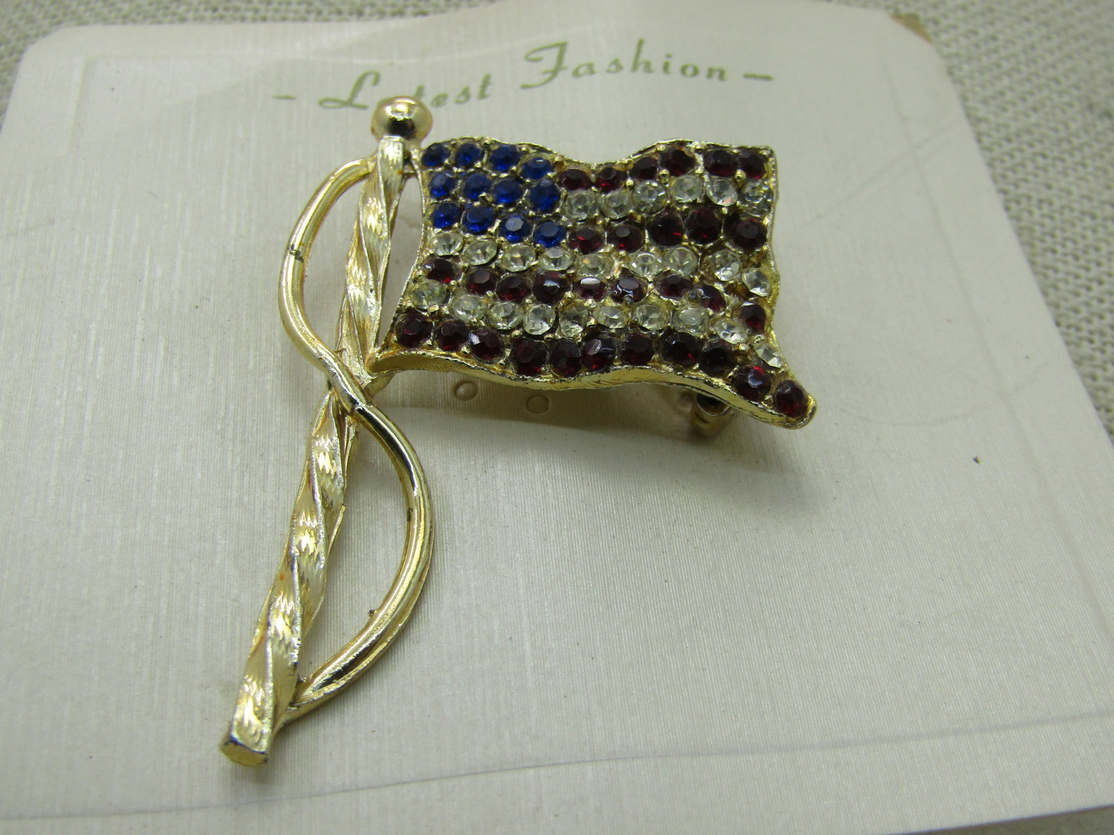 Vintage Blue & Clear Rhinestone USA Flag, Gold Tone, Brooch 2" by 1.5" - 2