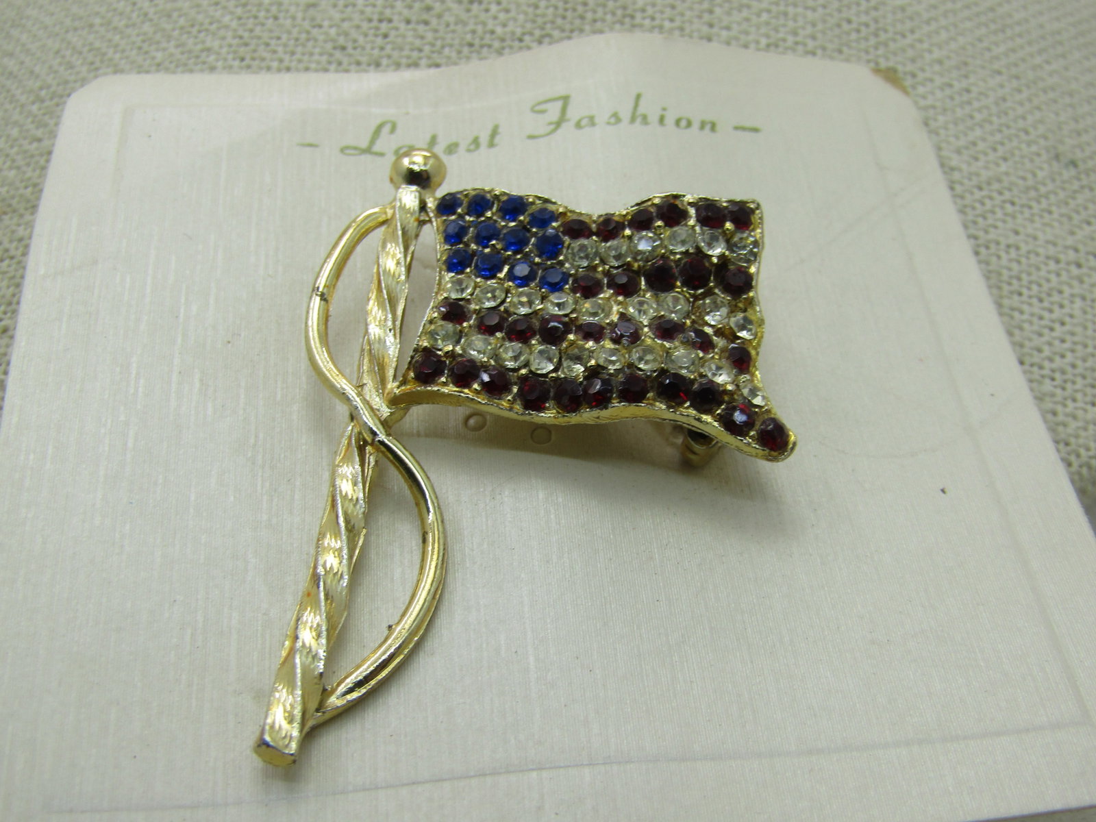 Vintage Blue & Clear Rhinestone USA Flag, Gold Tone, Brooch 2" by 1.5" - 3