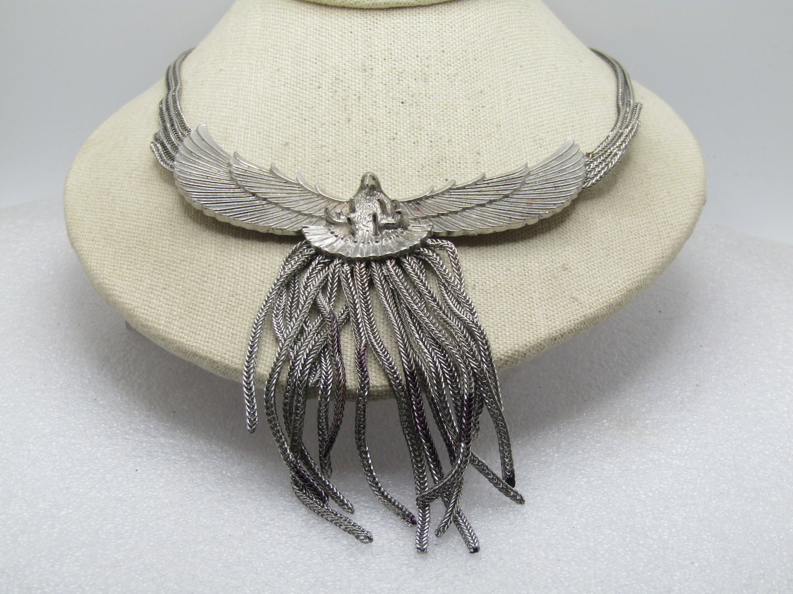 Vintage Wide Wing Eagle Necklace, Tassel Drop. 17", 1980's - 2