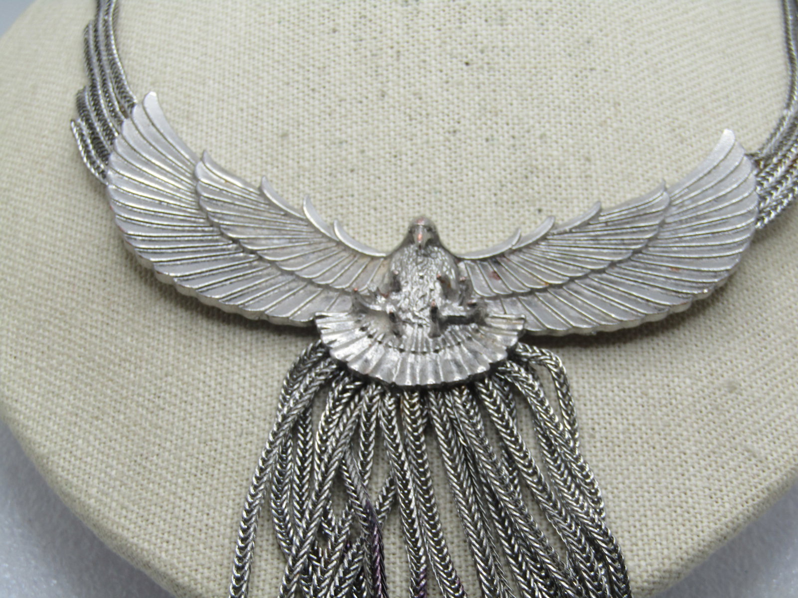 Vintage Wide Wing Eagle Necklace, Tassel Drop. 17", 1980's - 3