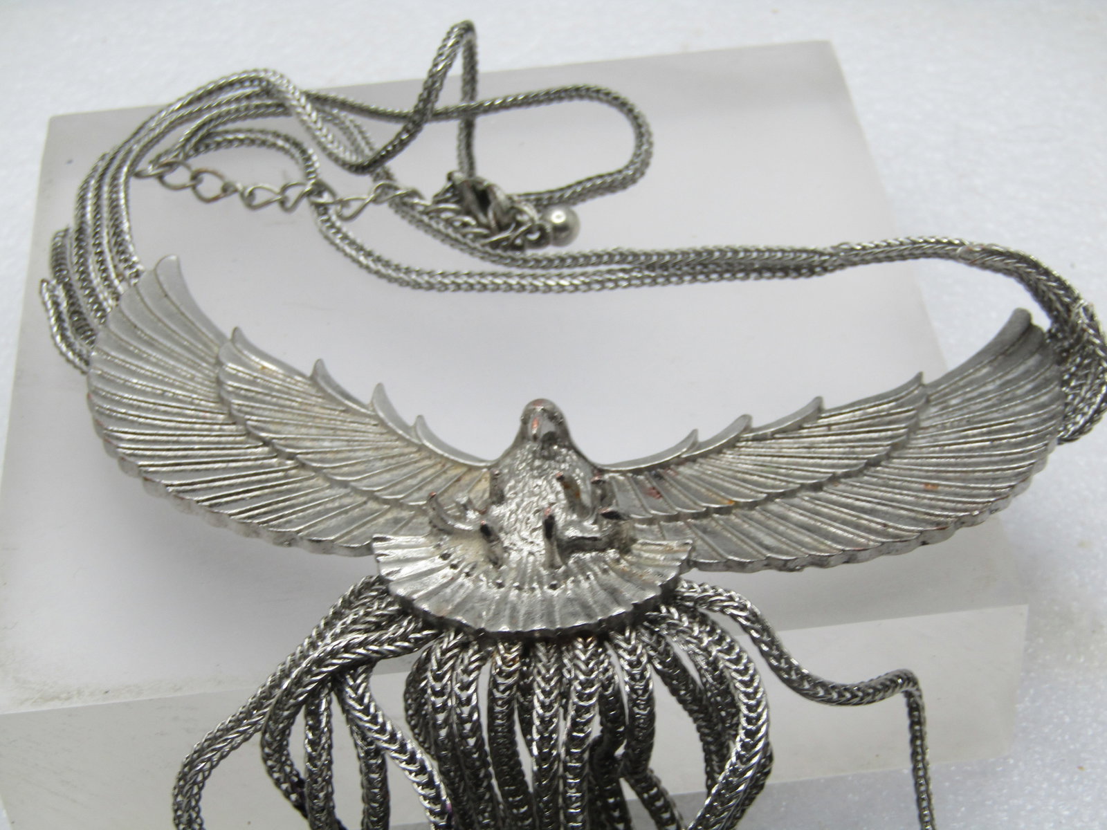 Vintage Wide Wing Eagle Necklace, Tassel Drop. 17", 1980's - 4