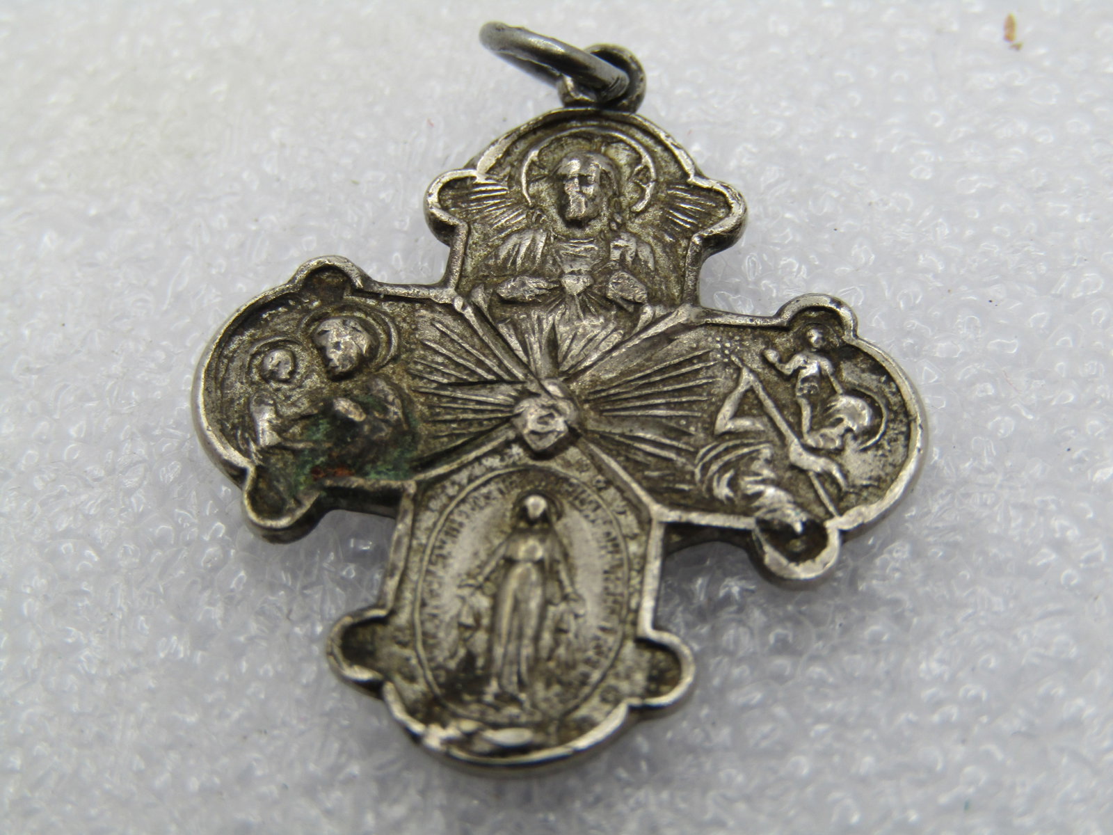 Vintage Sterling Catholic Cross Medal, Please Call Priest, Signed BLI, 1940's-1950's - 3