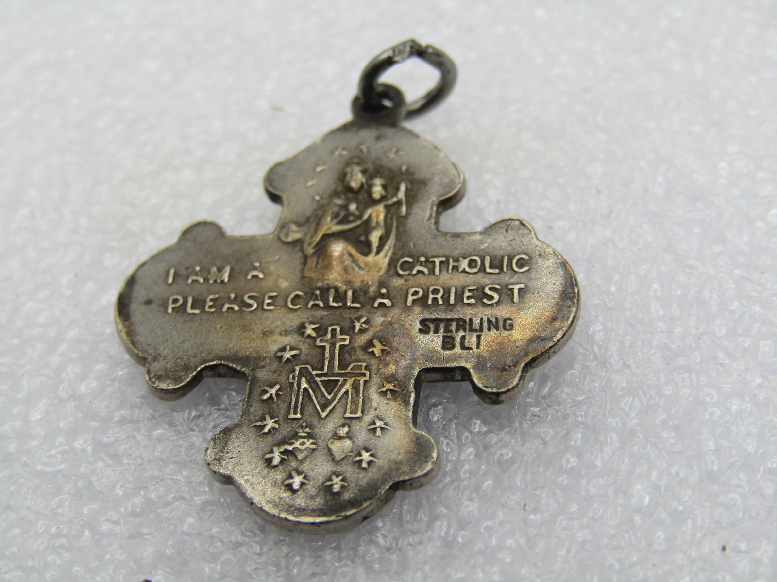 Vintage Sterling Catholic Cross Medal, Please Call Priest, Signed BLI, 1940's-1950's - 4