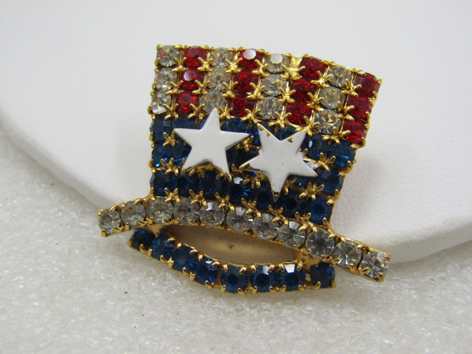 Vintage Rhinestone Red/Whtie/Blue Flag Hat Brooch - 3