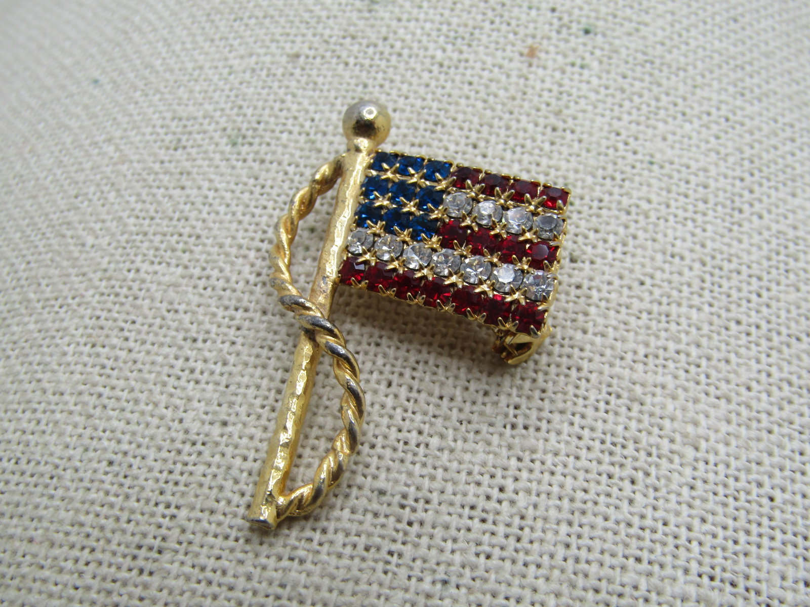 Vintage Red/White/Blue Rhinestone Flag Brooch, USA, 1.5" - 2