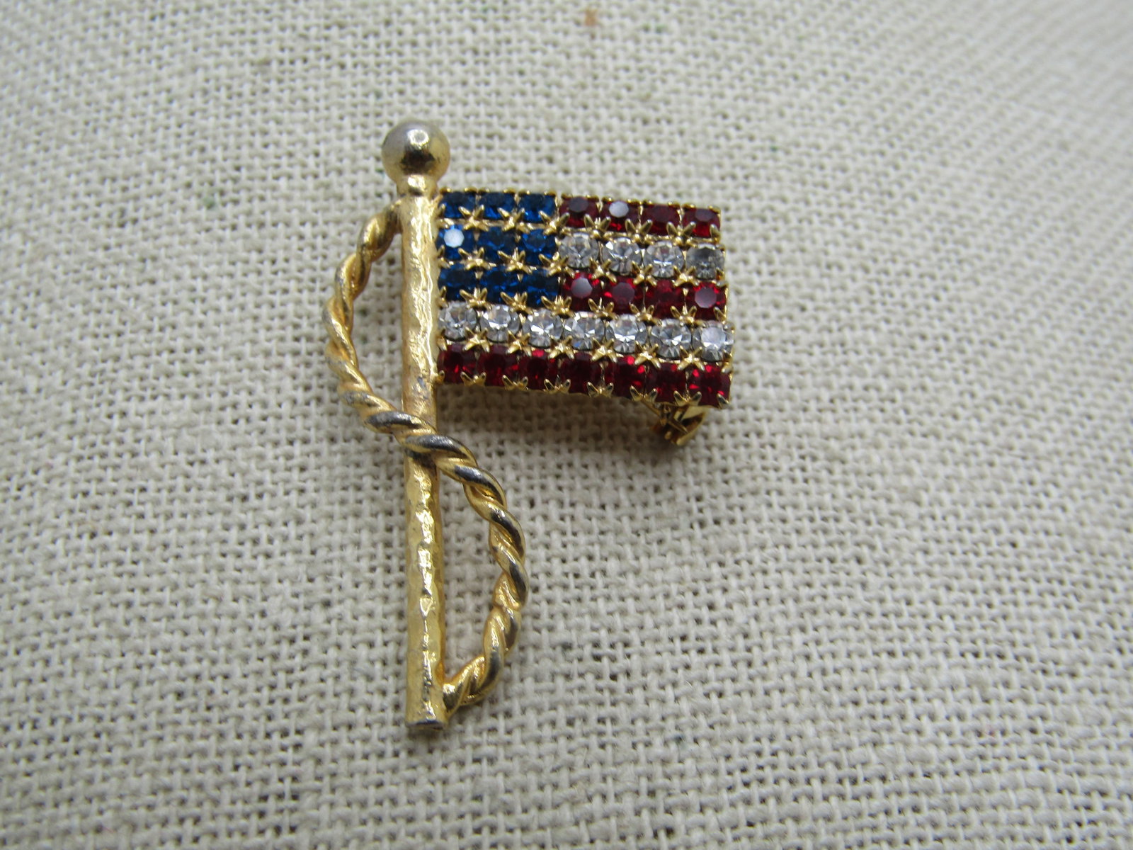 Vintage Red/White/Blue Rhinestone Flag Brooch, USA, 1.5" - 3