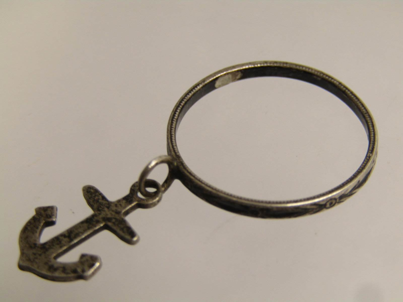 Vintage Sterling Silver Dangling Anchor Ring, Sz. 7, 1940's, Sweetheart Navy. - 6