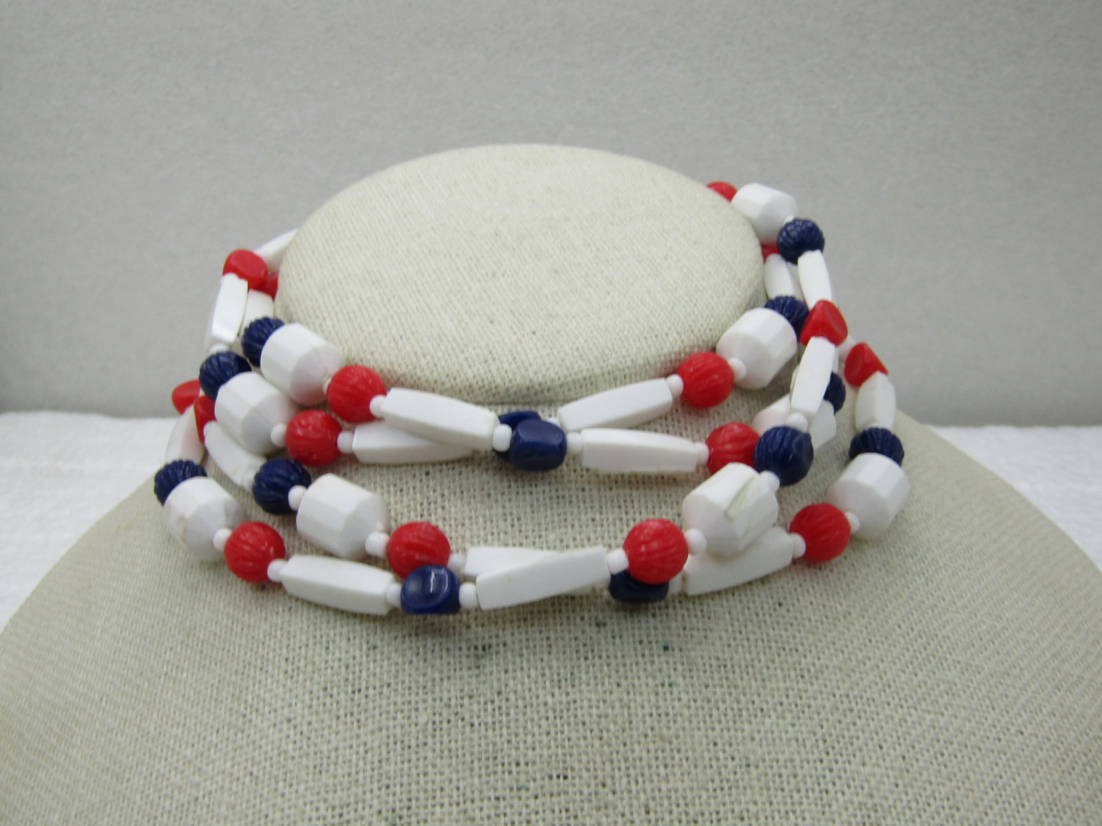 Vintage Red, White, Blue Beaded Necklace, 48", Plastic, 1960's-1970's - 2