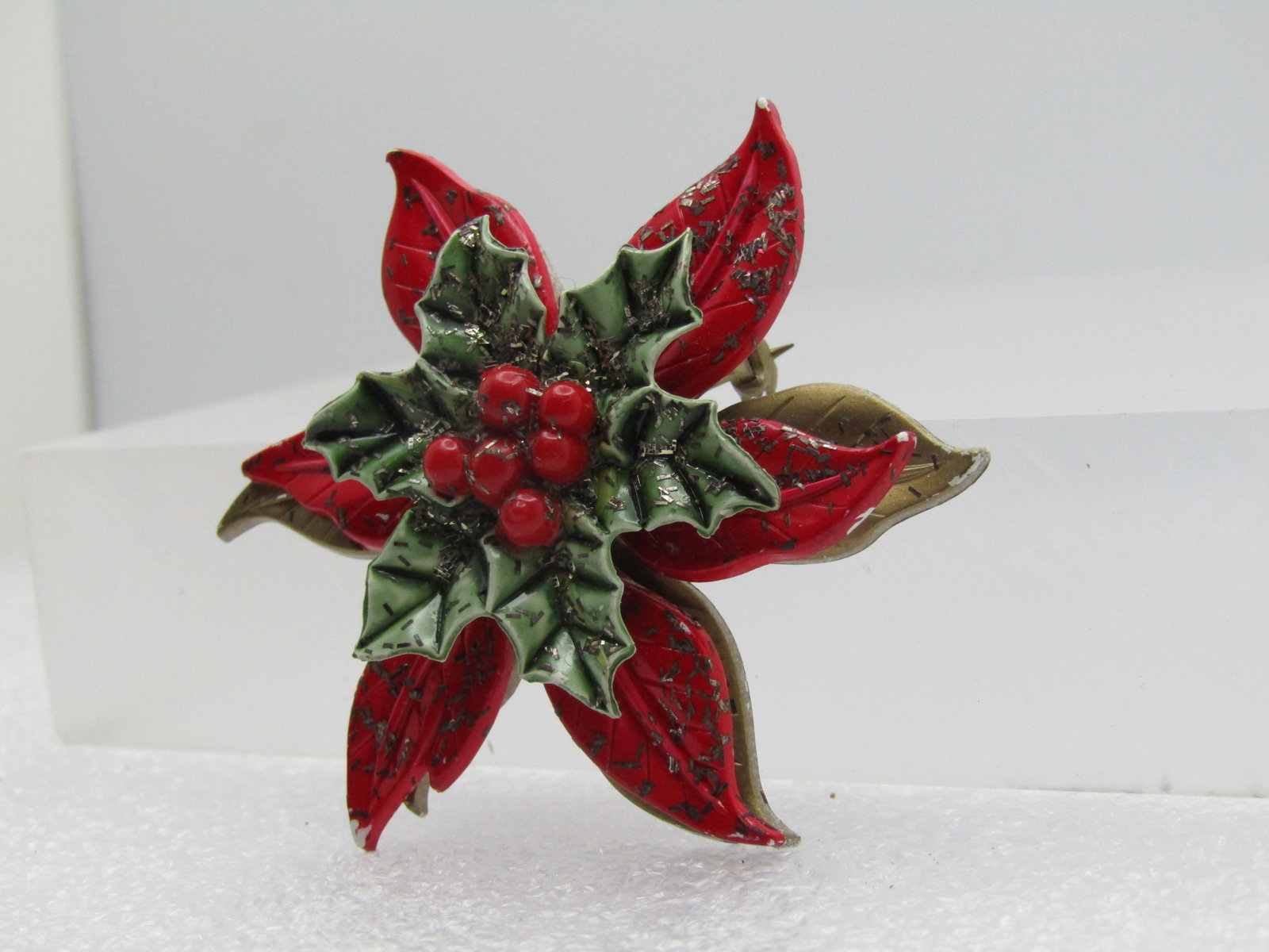 Vintage Catholic Enameled Holly Poinsettia Brooch , Blessed Mother on Back, 1960's - 2