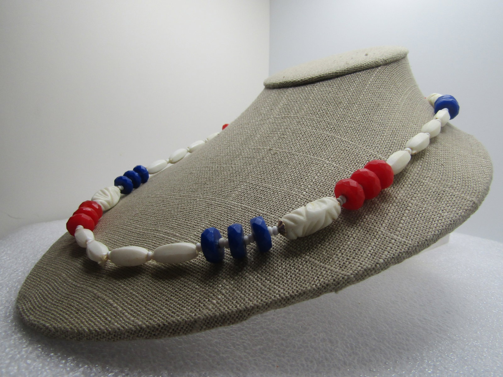 Vintage Red, White Blue, Mixed Bead Necklace 30", 1960's-1970's - 2