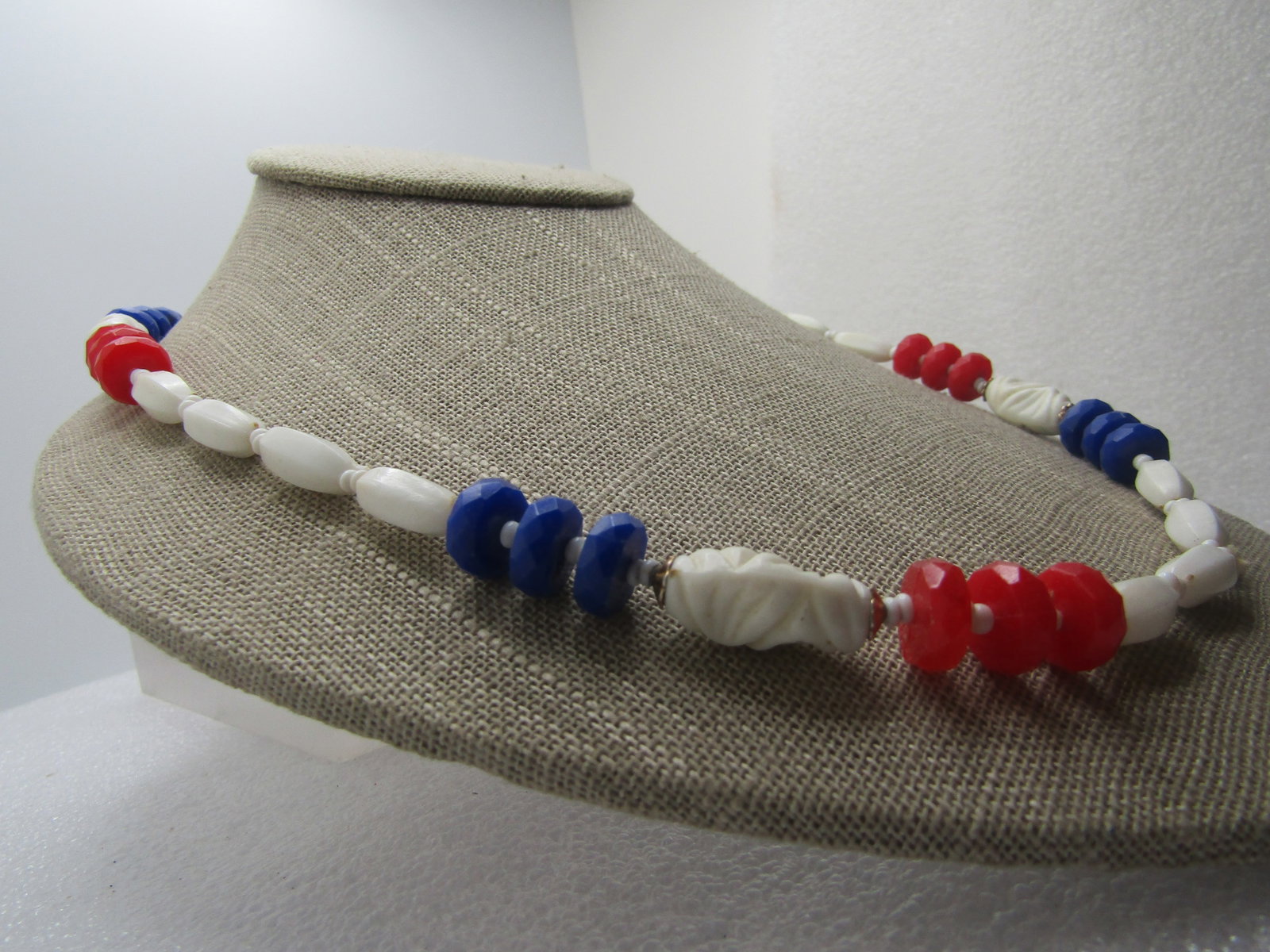 Vintage Red, White Blue, Mixed Bead Necklace 30", 1960's-1970's - 3