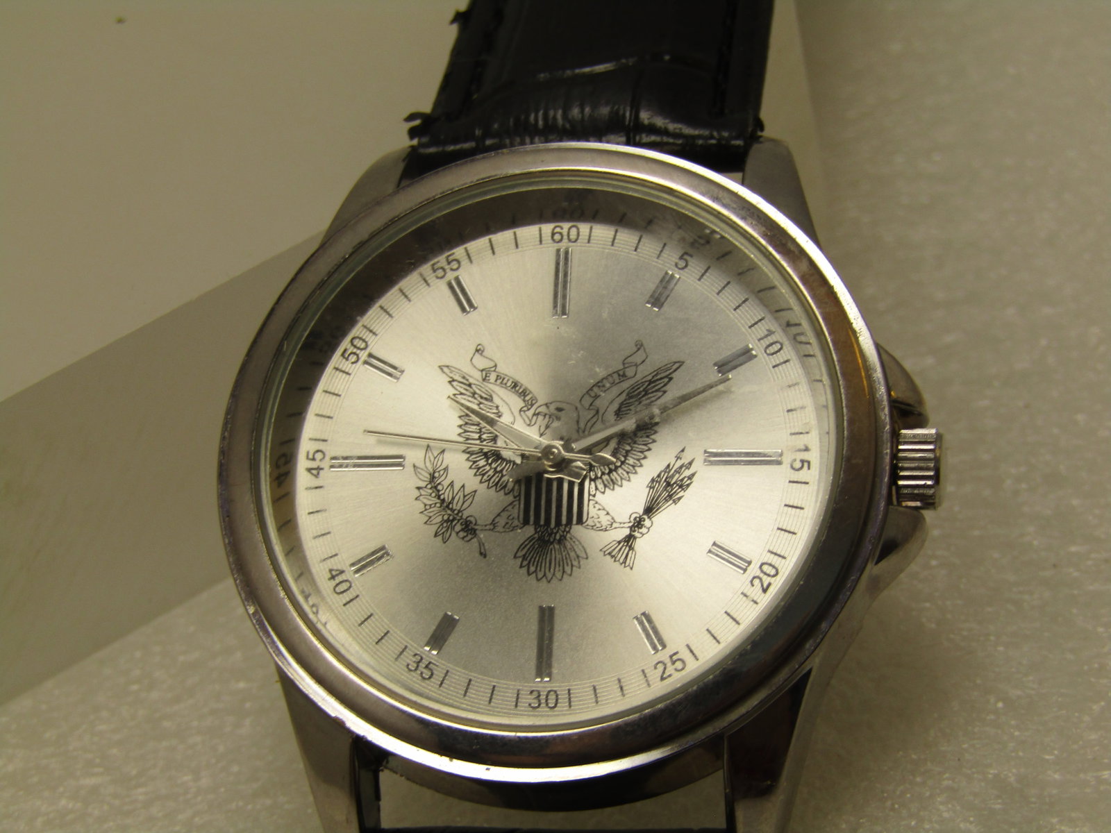 Men's Silver Tone Eagle Wristwatch, Black Band, 1990's - 2