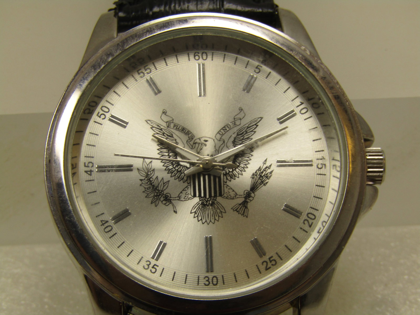 Men's Silver Tone Eagle Wristwatch, Black Band, 1990's - 3