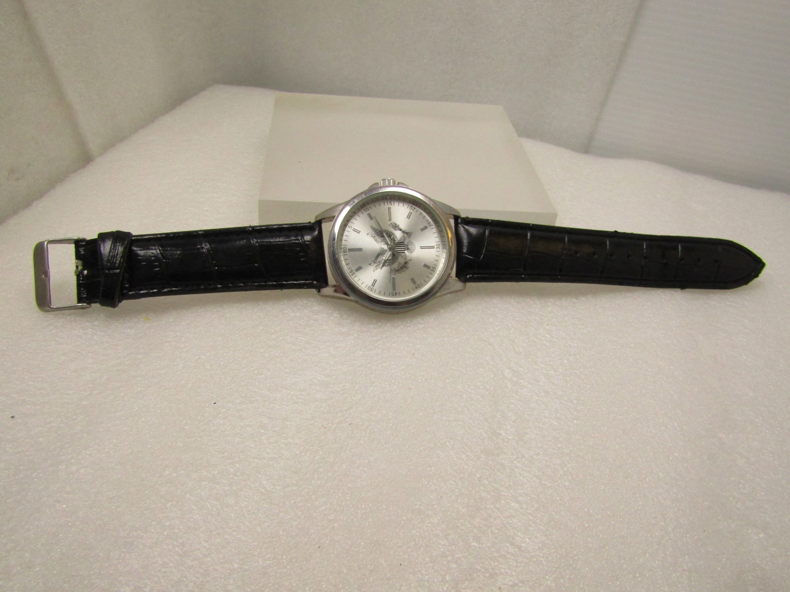 Men's Silver Tone Eagle Wristwatch, Black Band, 1990's - 5