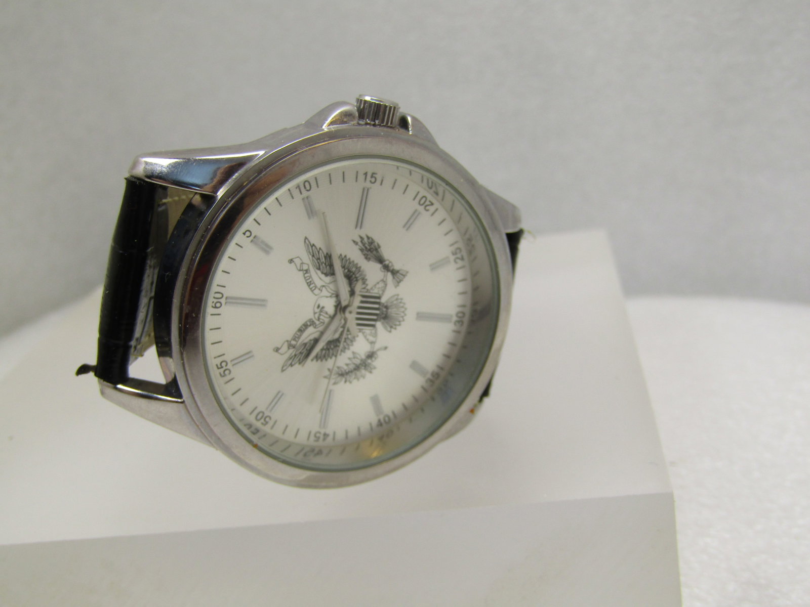 Men's Silver Tone Eagle Wristwatch, Black Band, 1990's - 6