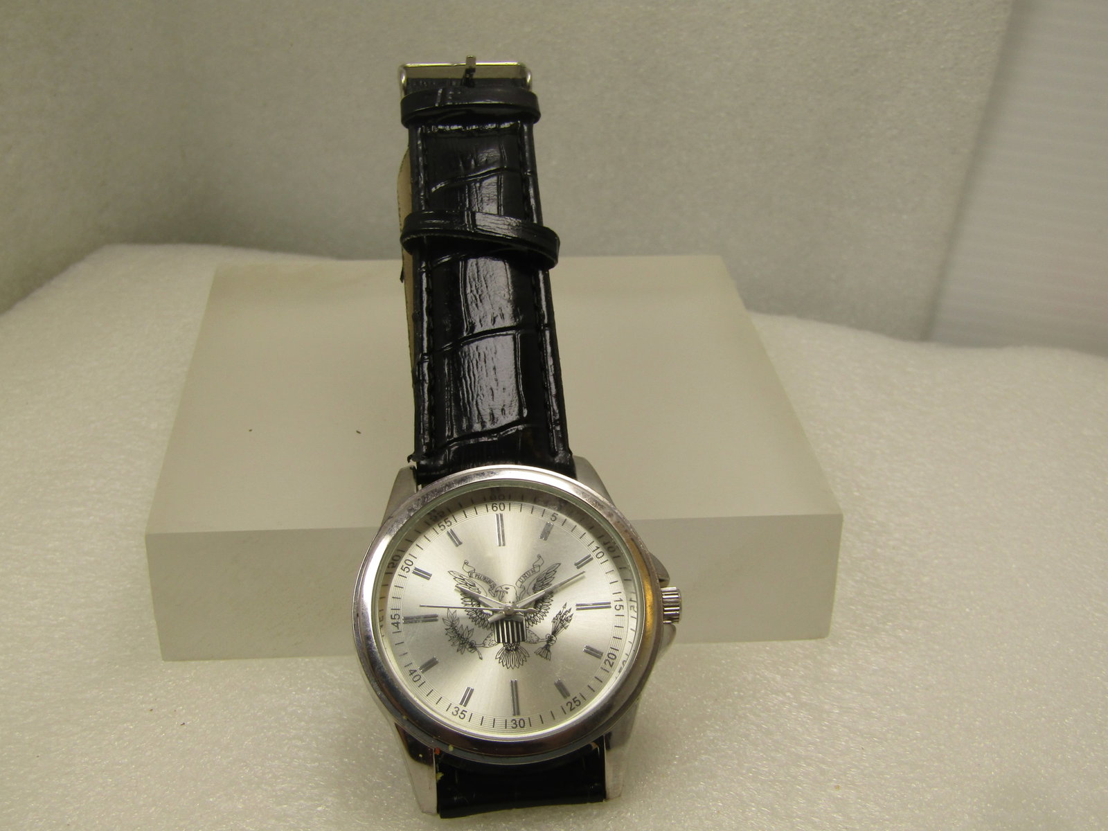 Men's Silver Tone Eagle Wristwatch, Black Band, 1990's - 7