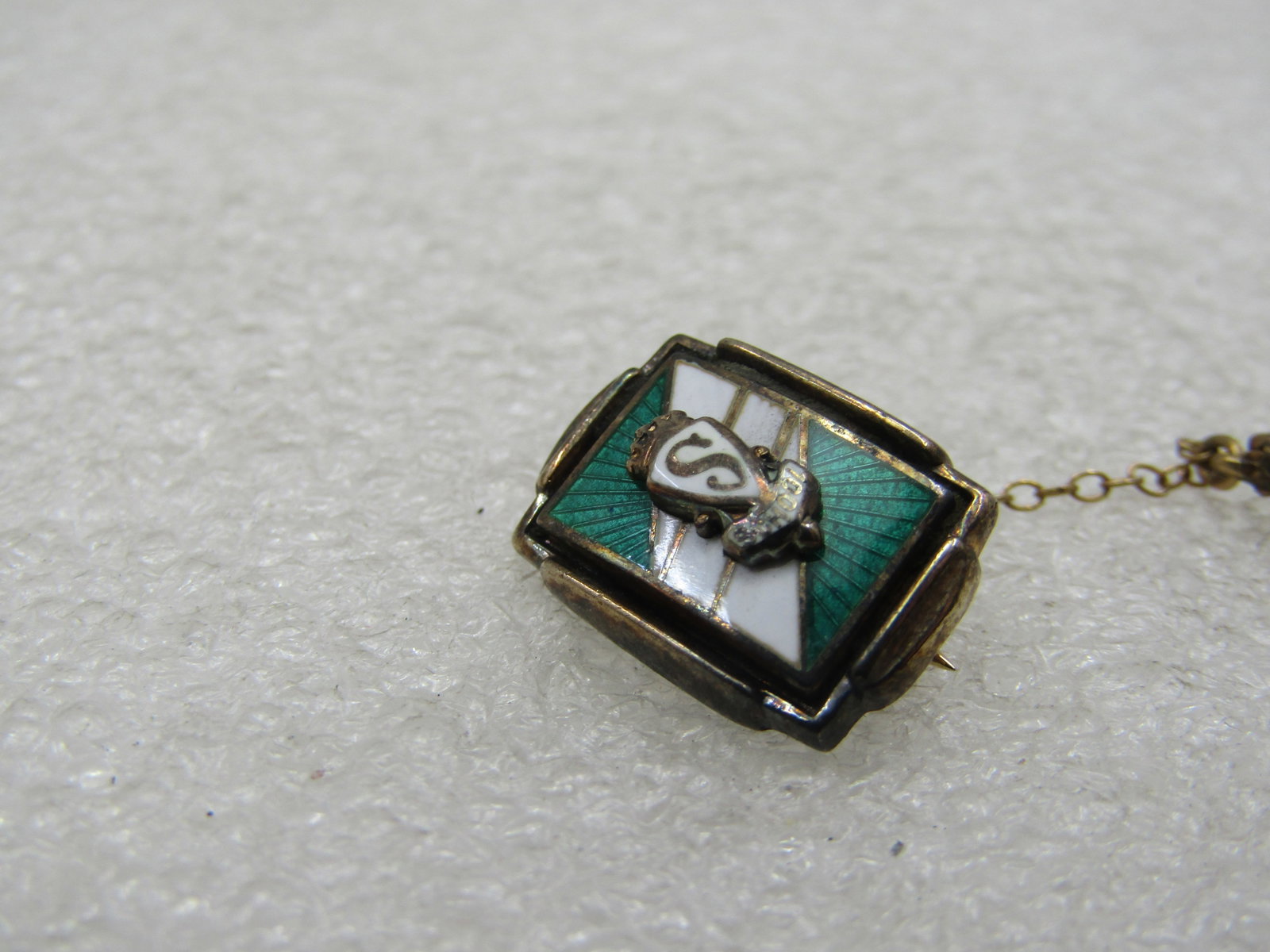 Vintage 1960's S School Pin with Year, Enameled Green & White - 2