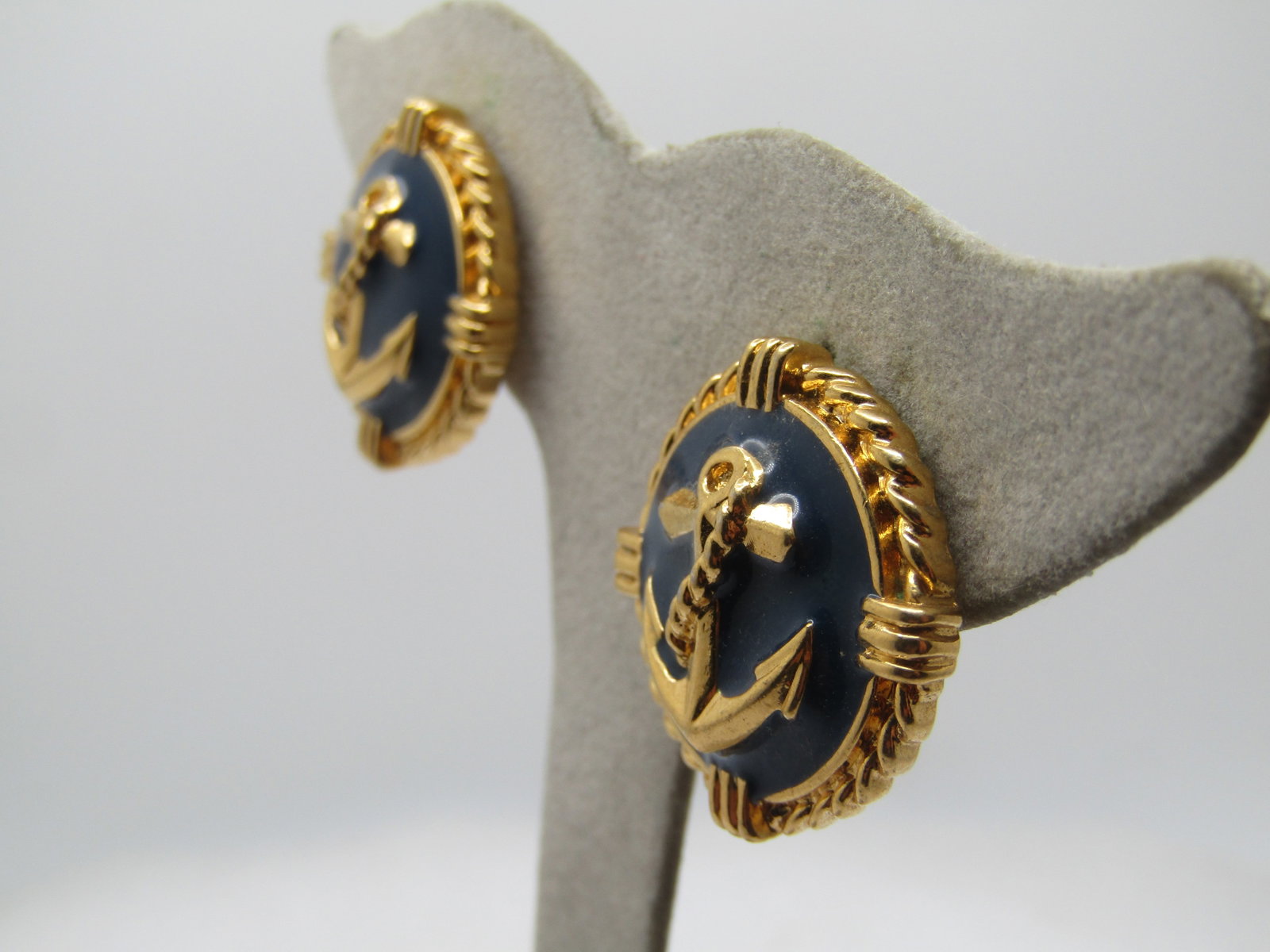 Vintage Enameled Anchor Earrings, Clip, Navy, 1960's - 2