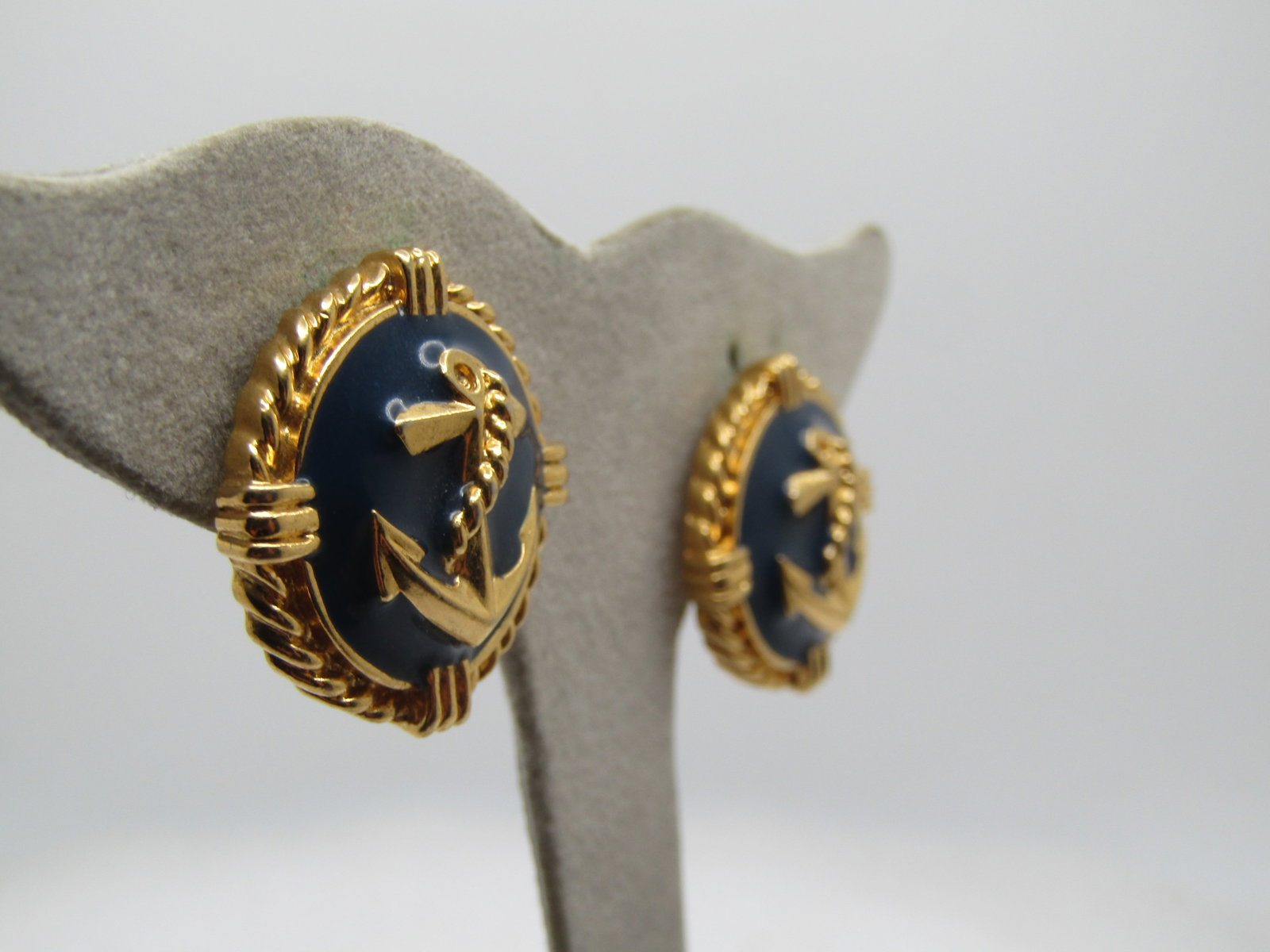Vintage Enameled Anchor Earrings, Clip, Navy, 1960's - 3