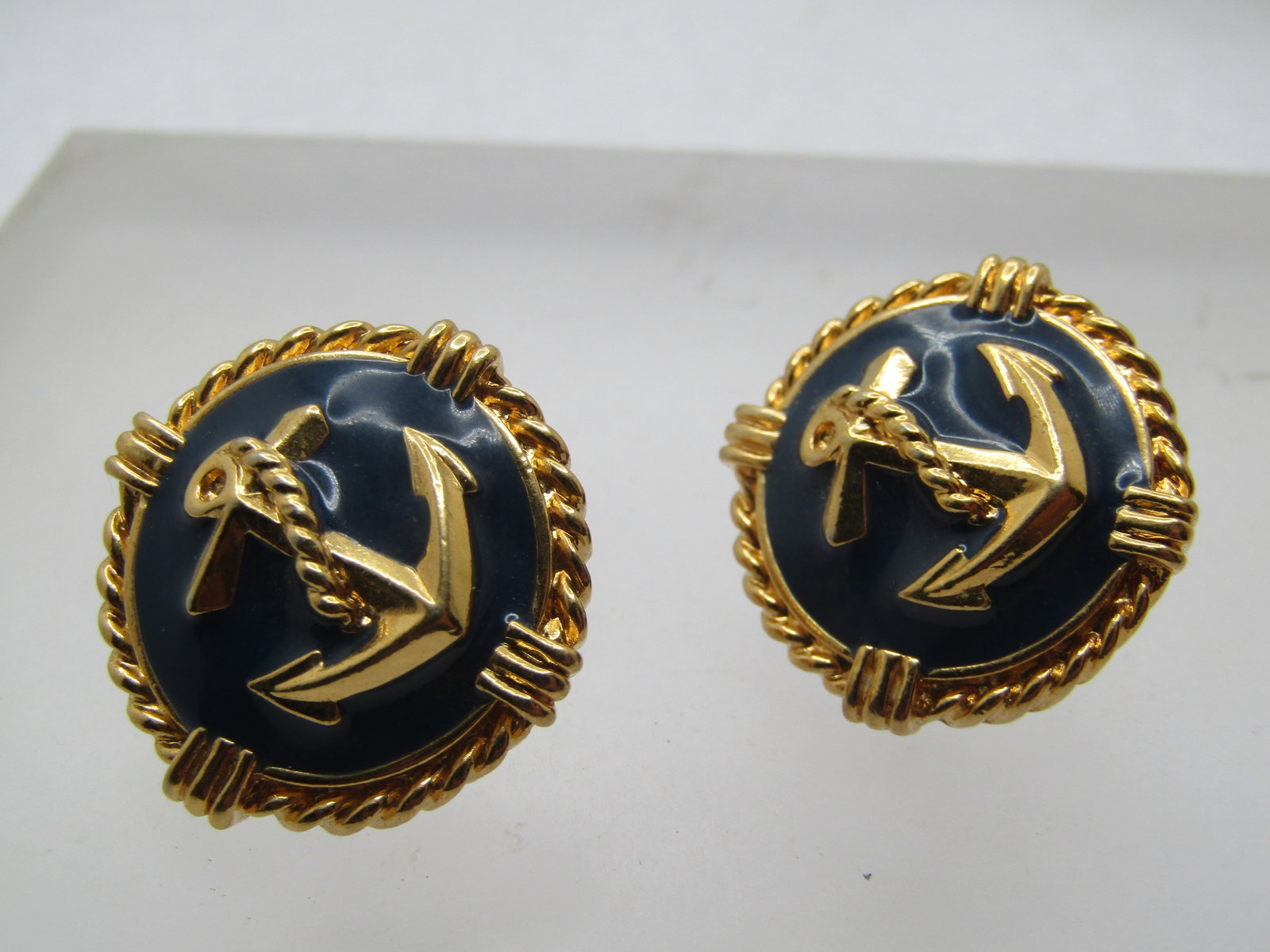 Vintage Enameled Anchor Earrings, Clip, Navy, 1960's - 5