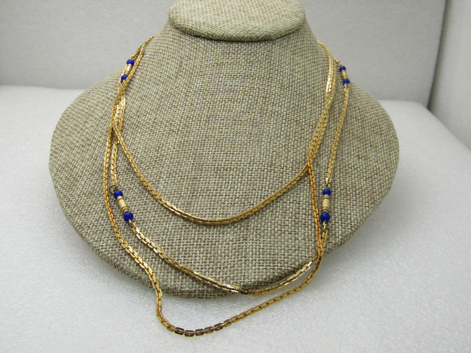 Vintage Triple Stand Navy Beaded Gold Tone Necklace, Sarah Coventry, 22", 24", 26", 1960's-1970's NL - 2