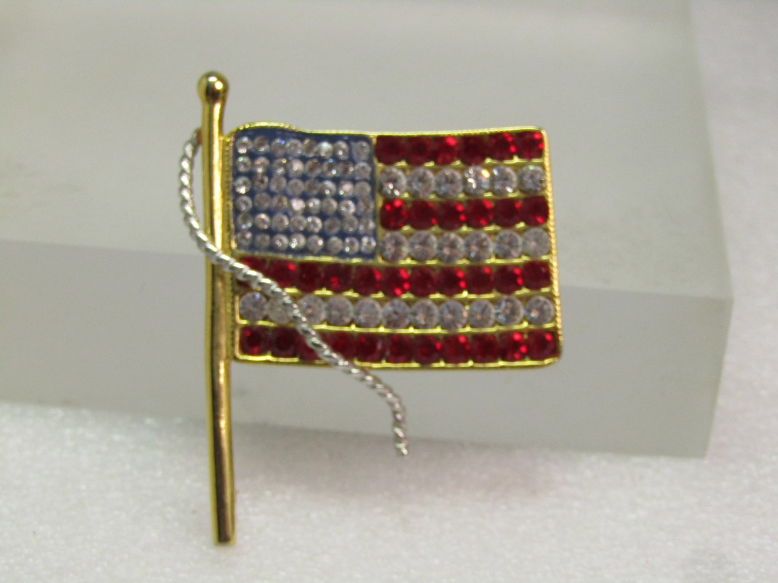 JKL Rhinestone Flag Brooch Pendant, Two-Tone, 1990's - 2