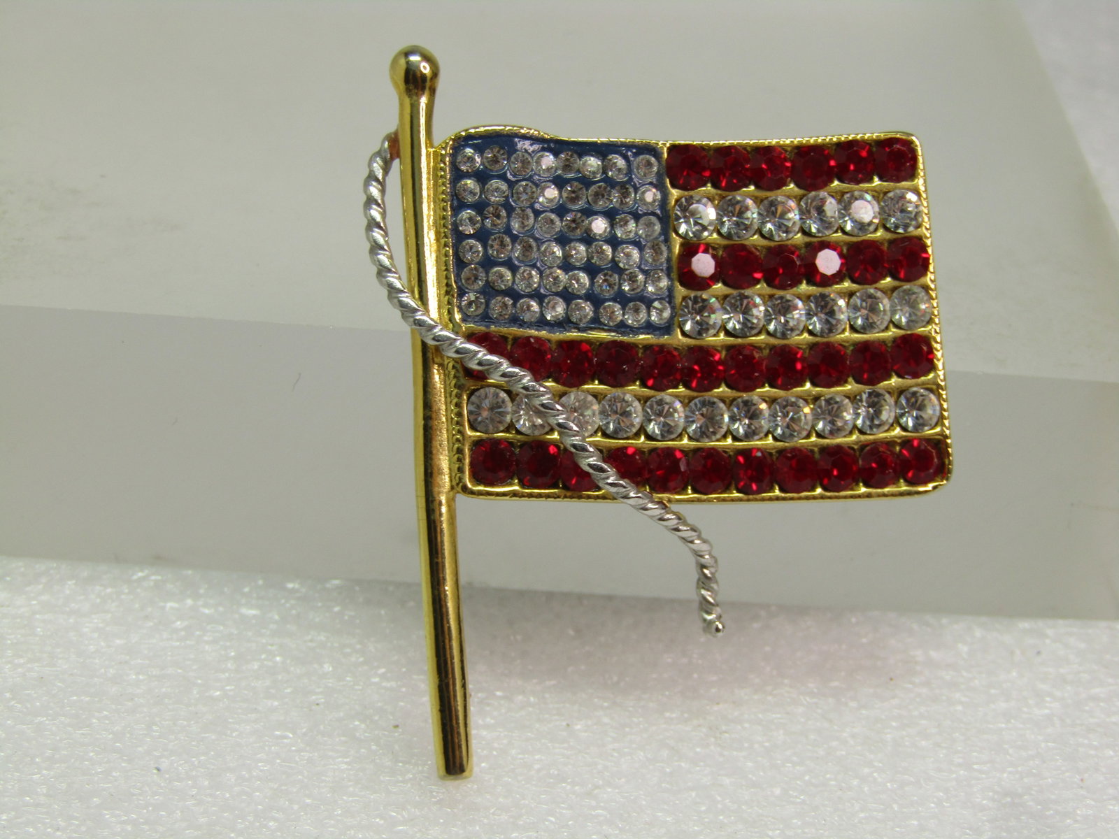 JKL Rhinestone Flag Brooch Pendant, Two-Tone, 1990's - 3