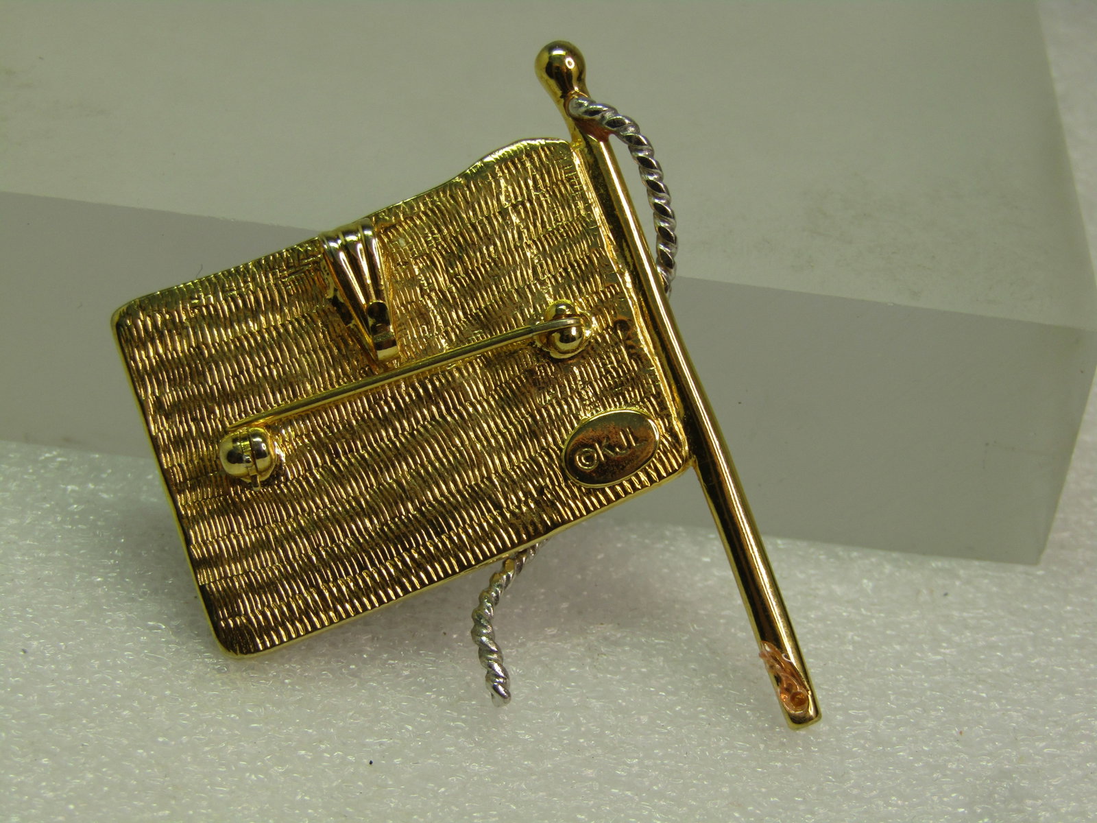 JKL Rhinestone Flag Brooch Pendant, Two-Tone, 1990's - 4