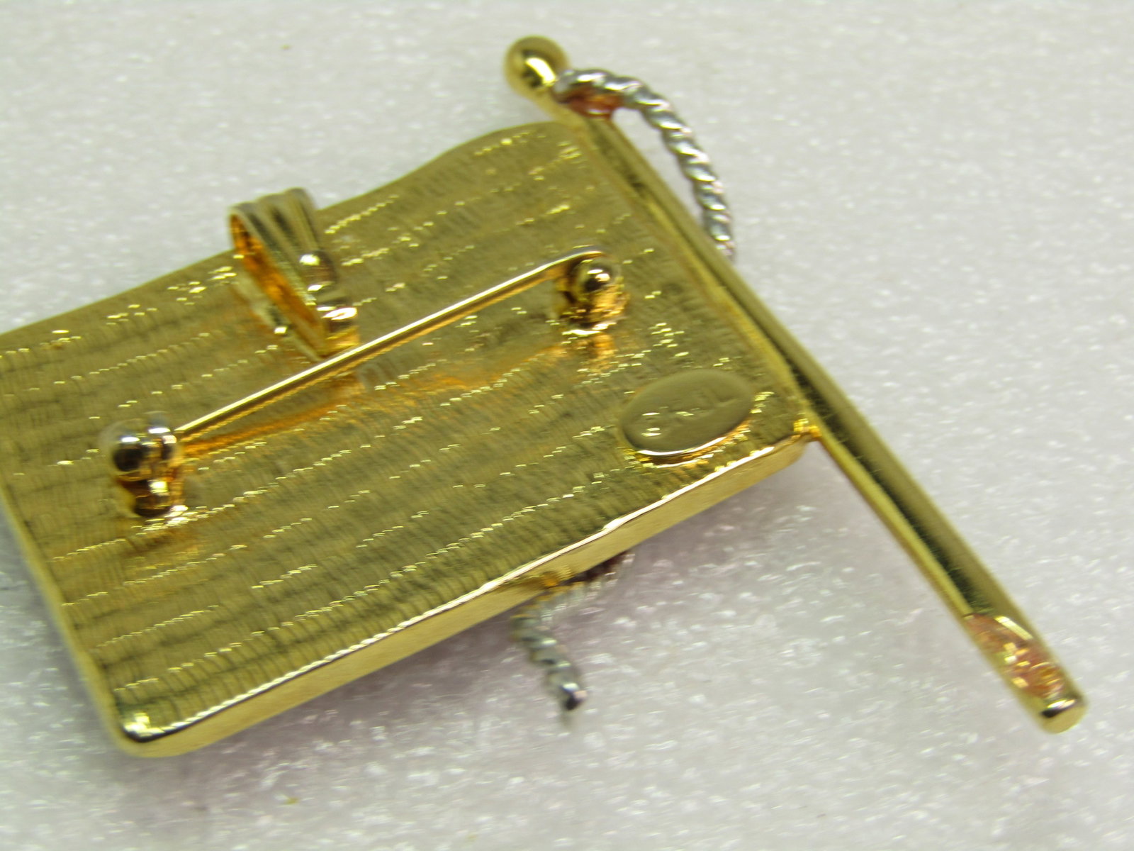 JKL Rhinestone Flag Brooch Pendant, Two-Tone, 1990's - 5