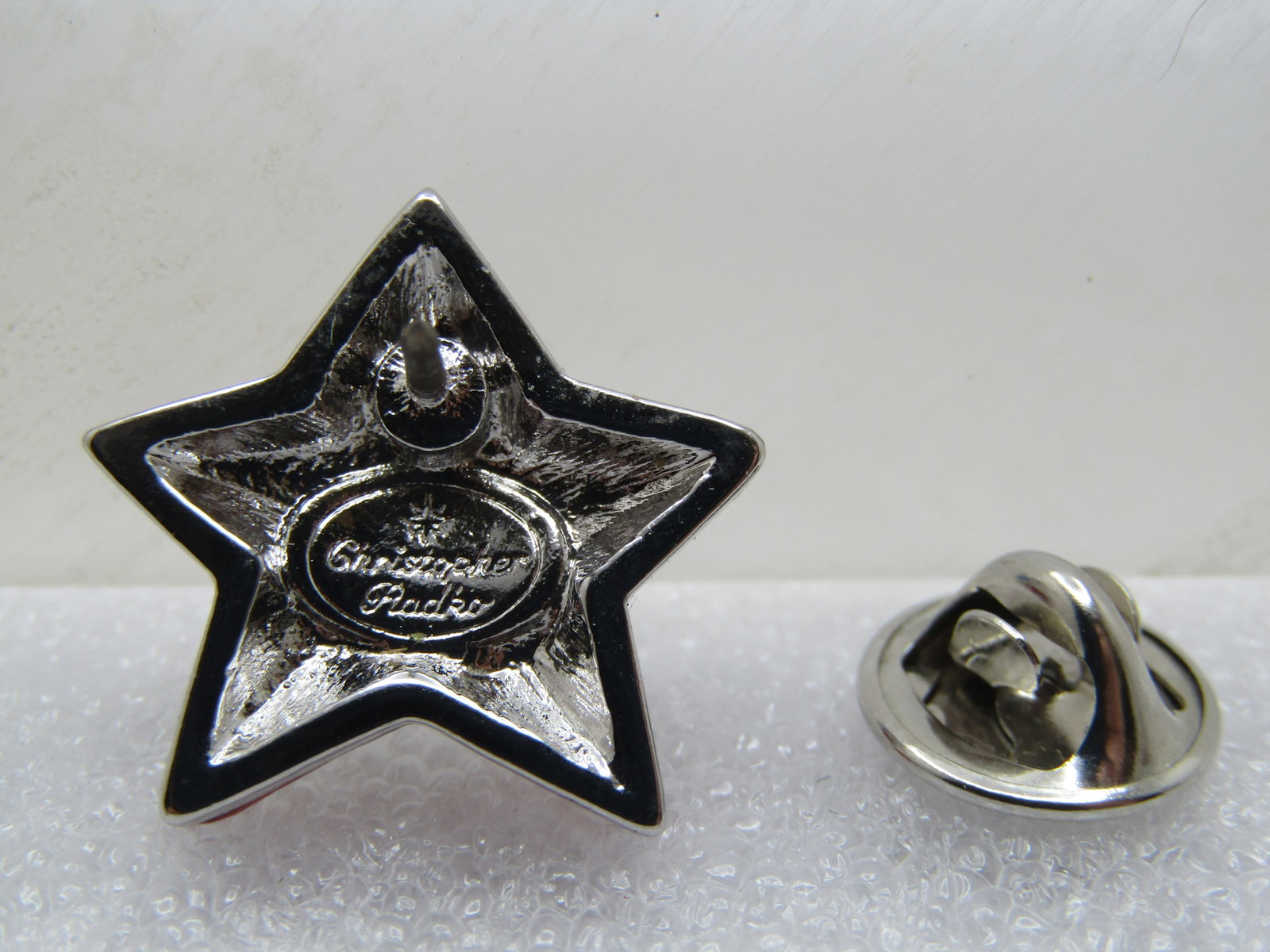 Enameled USA Flag Rhinestone Car Tack Pin, Signed Christopher Radko, 1980's - 5
