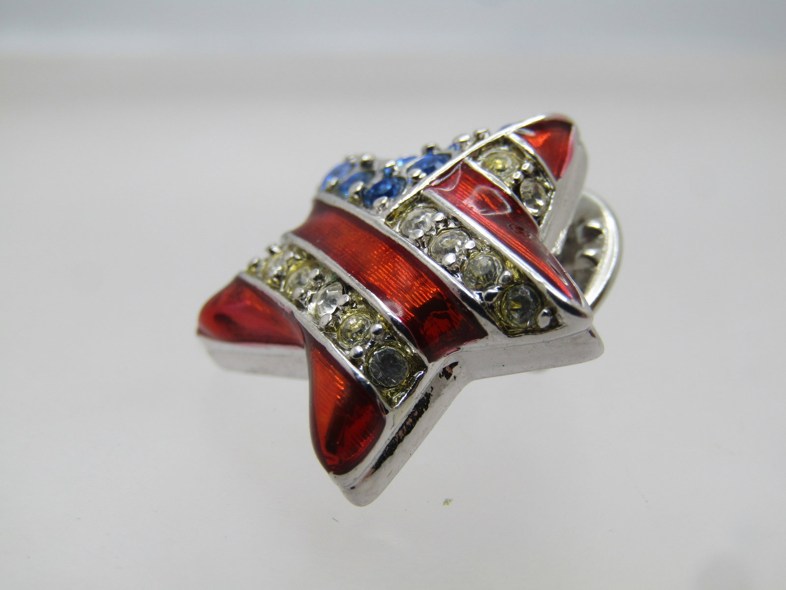 Enameled USA Flag Rhinestone Car Tack Pin, Signed Christopher Radko, 1980's - 6