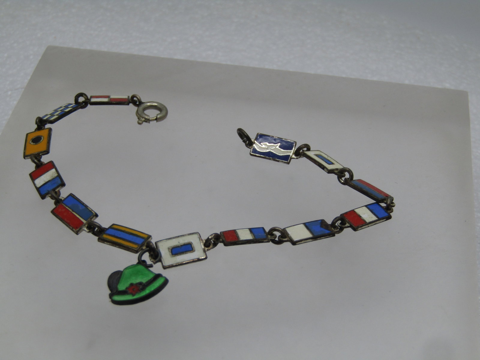 Vintage .835 German Enameled Flag Bracelet, 1950's, 7.25" - 2