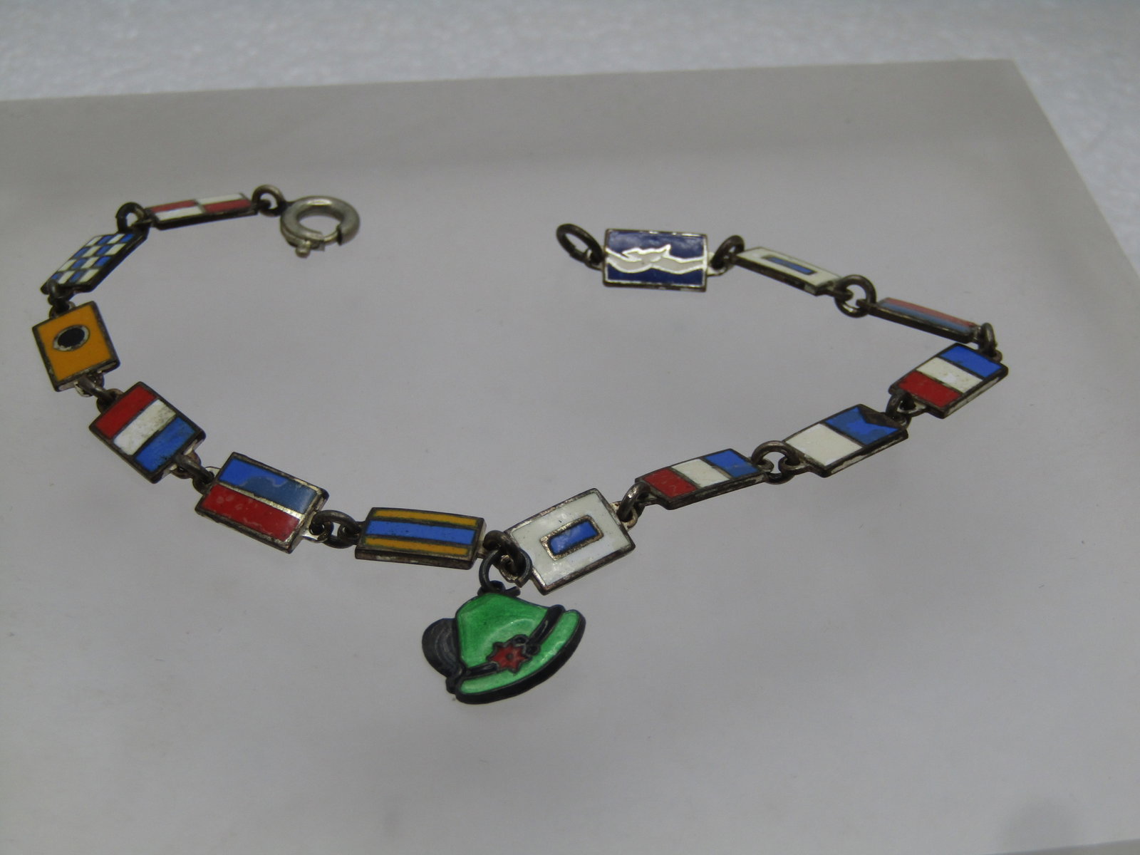 Vintage .835 German Enameled Flag Bracelet, 1950's, 7.25" - 3