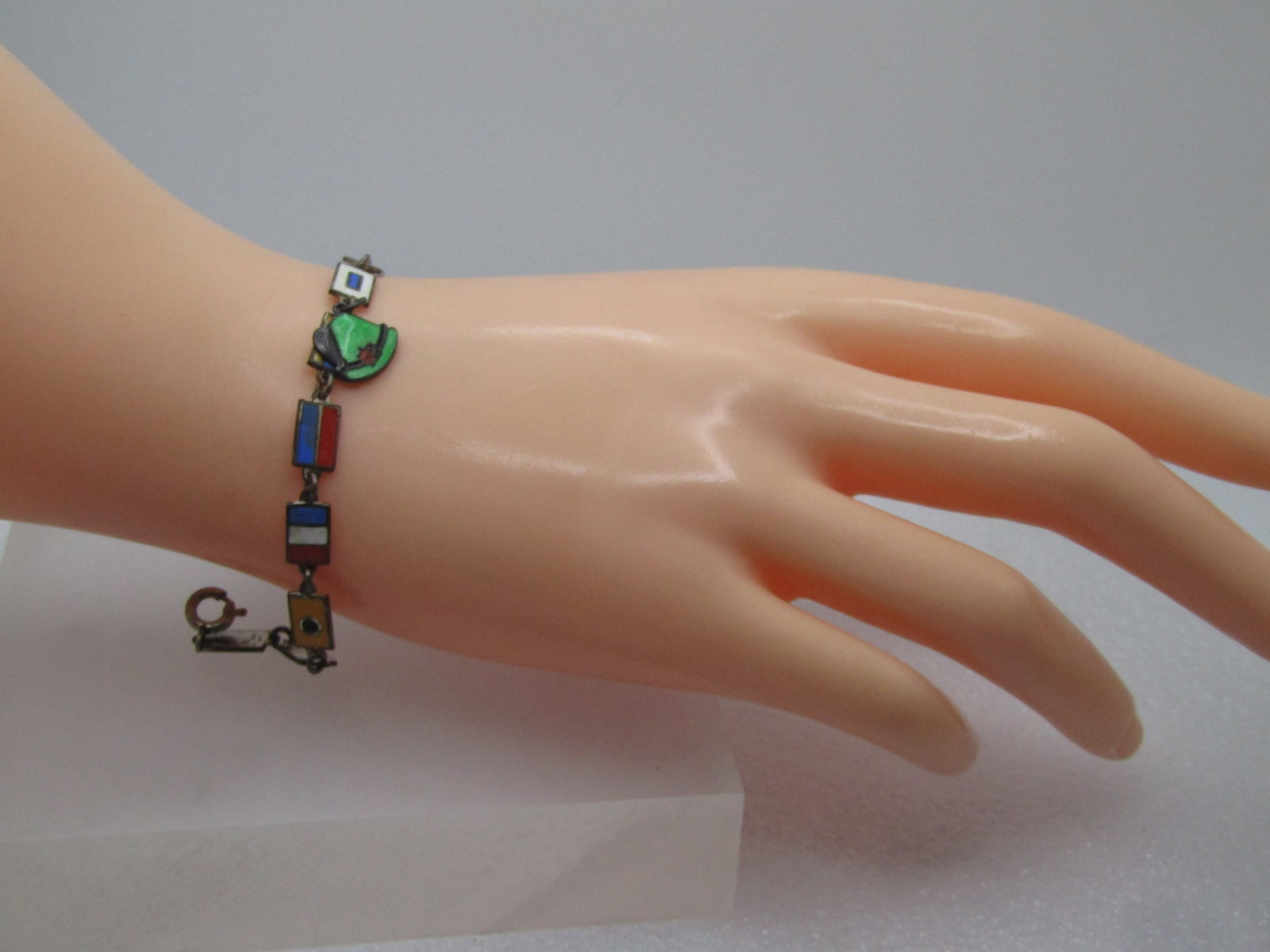 Vintage .835 German Enameled Flag Bracelet, 1950's, 7.25" - 5