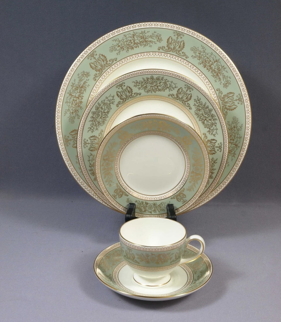Wedgwood COLUMBIA Sage Green Bread Plate Teacup England DINNER: This is very beautiful Place Setting with Tea/Coffee Cup. The set is made by WEDGWOOD in Columbia Sage Green pattern. This pattern was in production between 1966 and 2014. It is characterized by gold 
