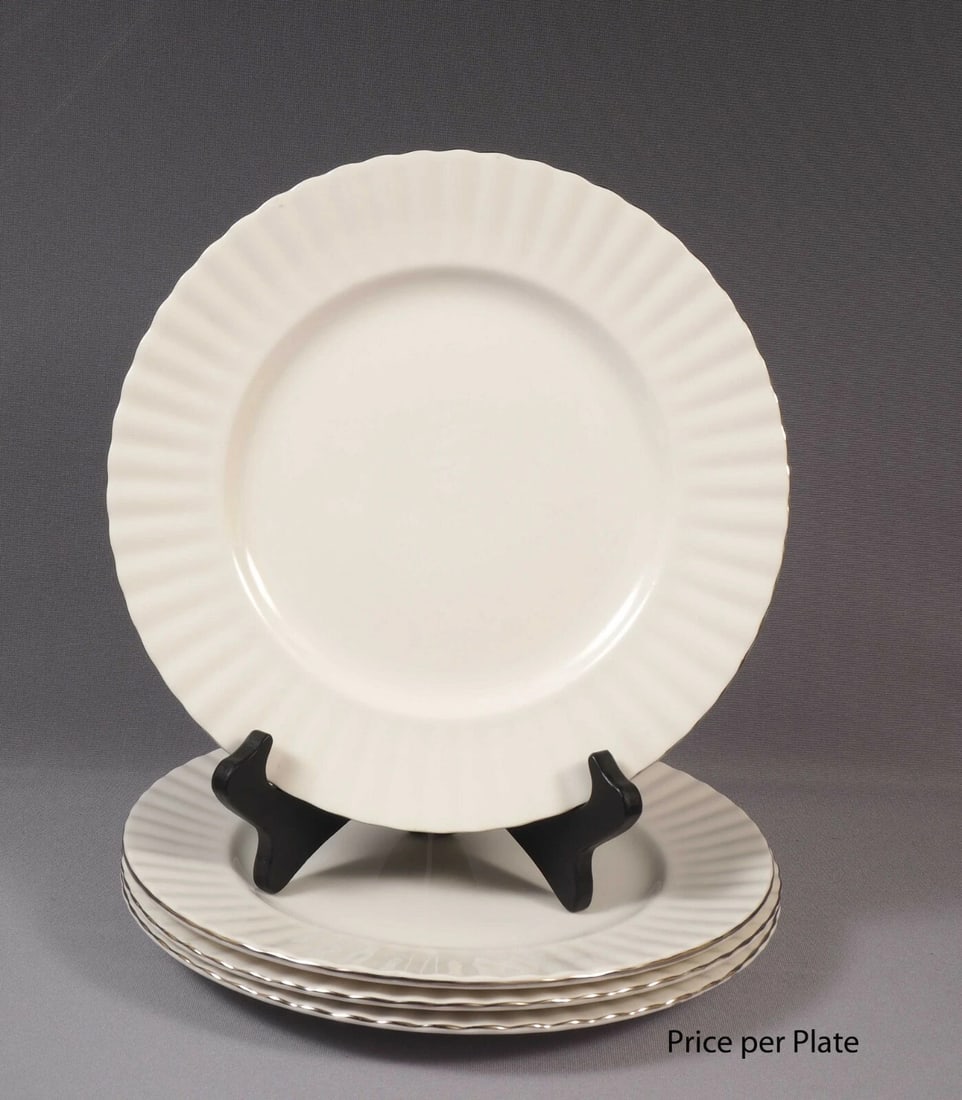 Royal Albert CHANTILLY LARGE Dinner Plate Silver Platinum England: This is a gorgeous Bone China Dinner Plate from the Chantilly collection by Royal Albert - Made in England. The price is per 1 (one) plate. The rims of this pattern with hand-applied bands of platinum