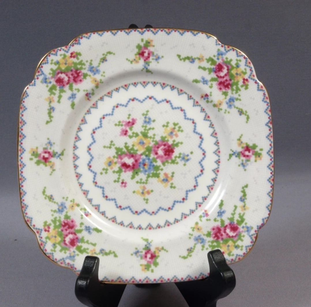 Royal Albert Petit Point Salad Luncheon Plate 7 1/2" England Vintage: This is a gorgeous Bone China Luncheon/Salad Plate, from the famous Royal Albert Petit Point Collection - Made in England. The pattern has very pretty delicate cross stich roses in blue, green, blue a